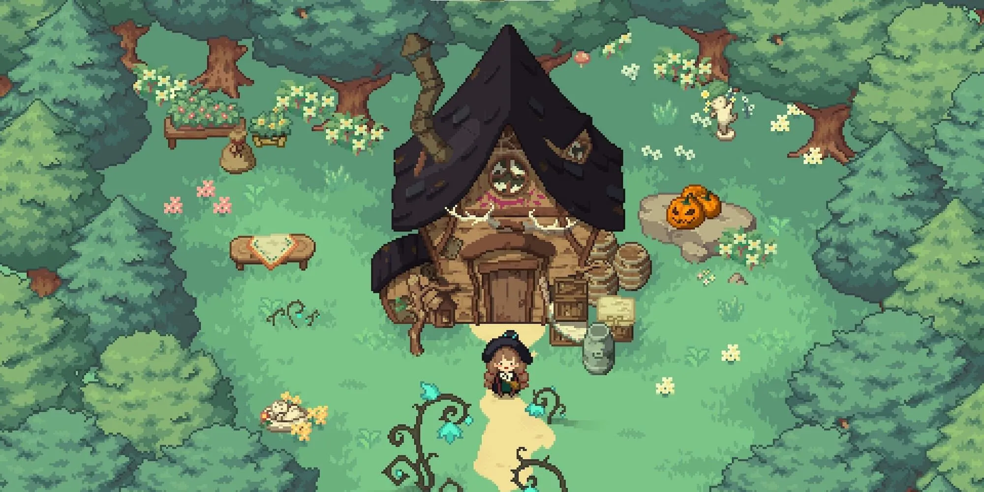 Phù thủy nhỏ đứng trước một ngôi nhà tranh trong Little Witch in the Woods