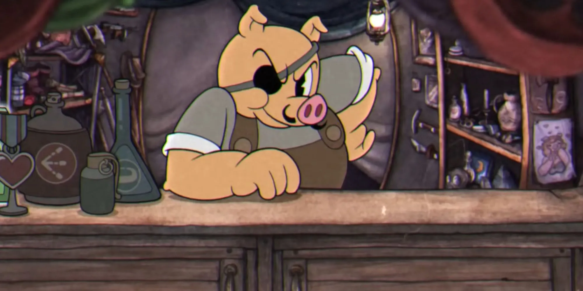 Porkrind từ Cuphead, chủ cửa hàng cung cấp vũ khí và bùa phép cho Cuphead và Mugman
