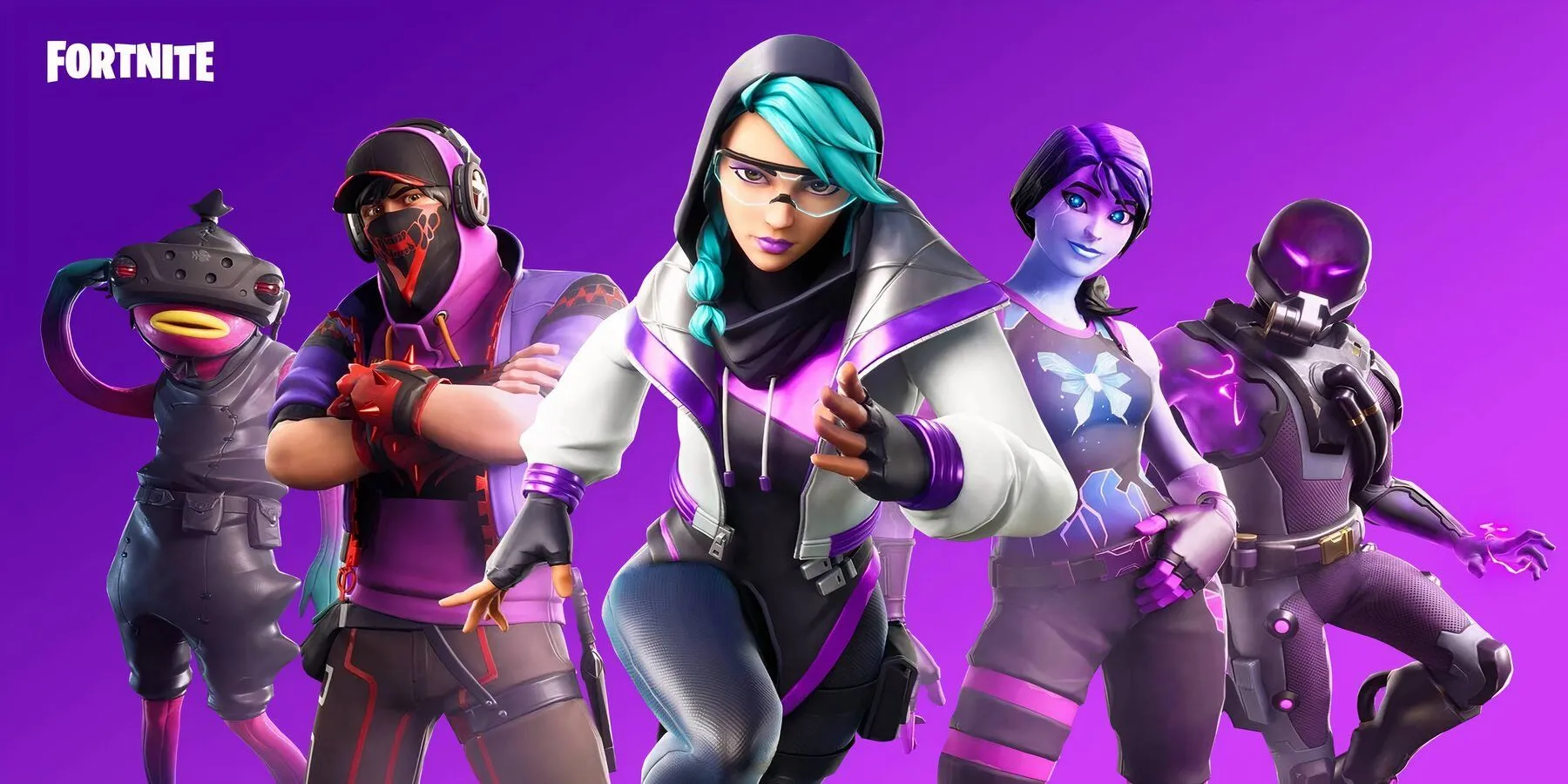 Poster chính thức của Fortnite với 5 nhân vật trong game, minh họa cho sự thay đổi chính sách chống gian lận của Epic Games.