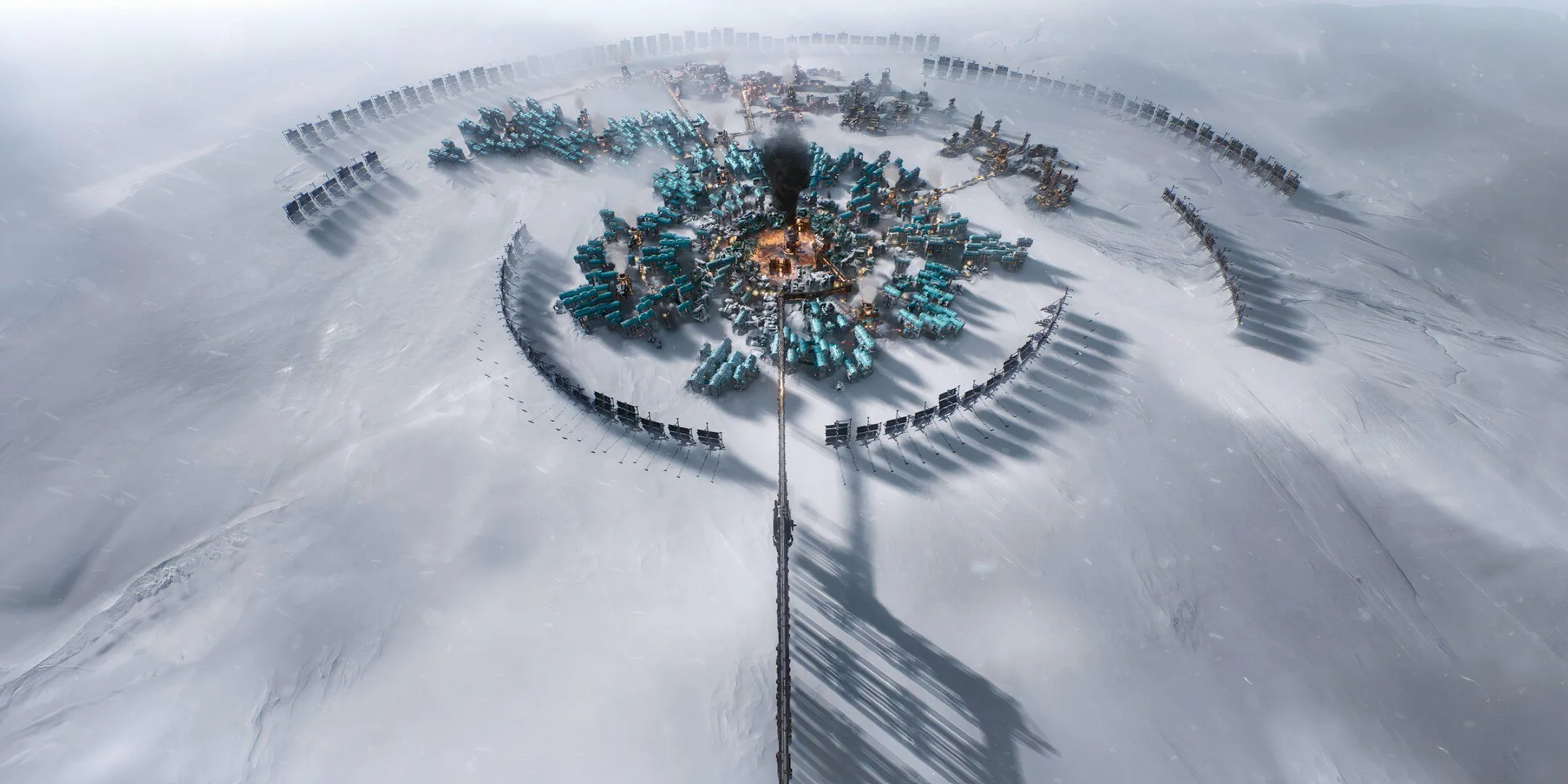 Quang cảnh một thành phố phủ đầy tuyết trong game Frostpunk 2, thể hiện bối cảnh khắc nghiệt của game xây dựng sinh tồn.