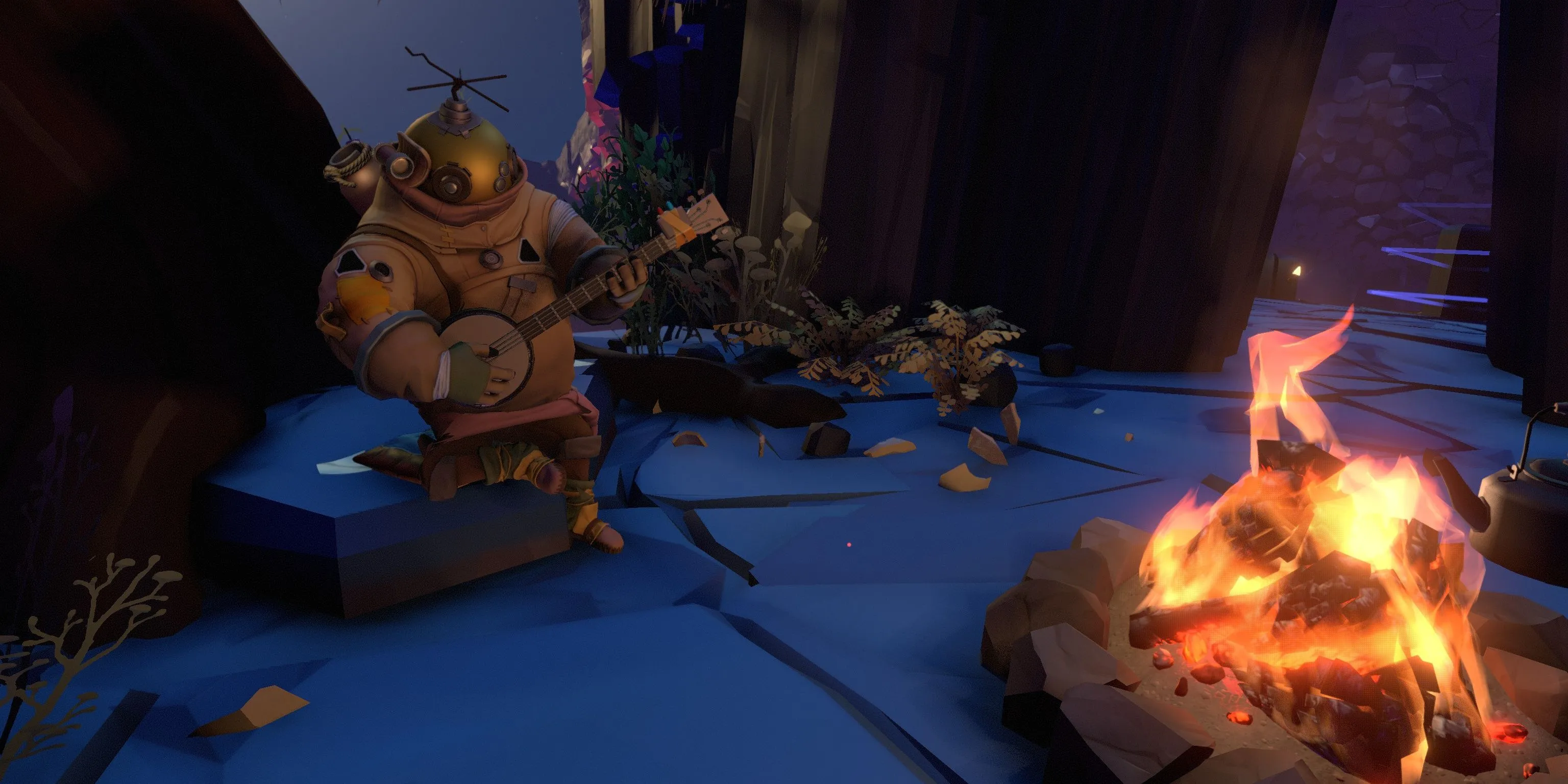 Riebeck đang chơi đàn banjo bên lửa trại trong Outer Wilds.