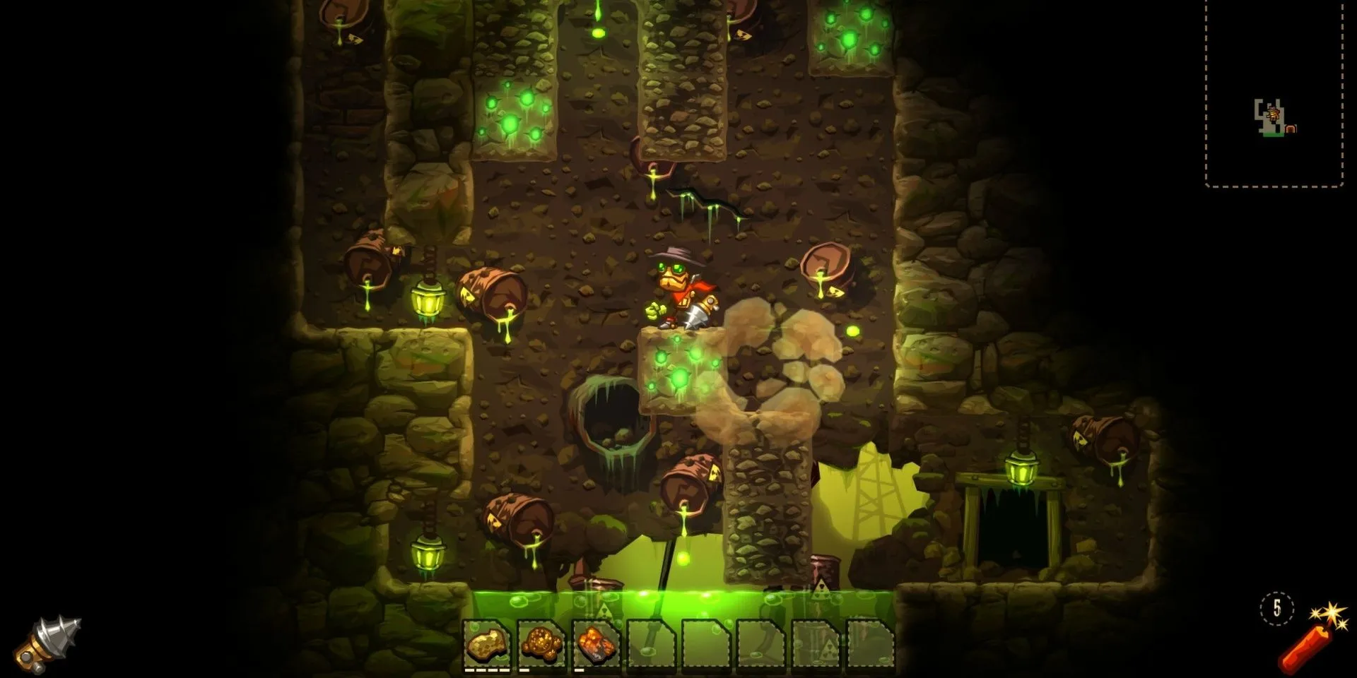 Robot Rusty đứng gần hồ axit trong SteamWorld Dig