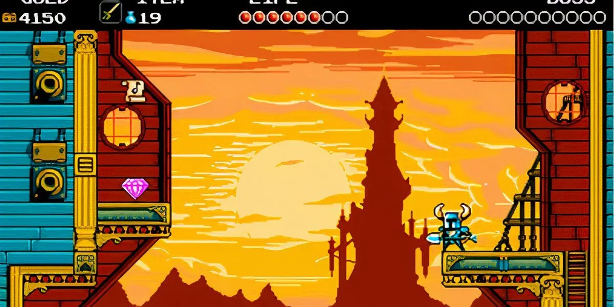 Shovel Knight đứng uy dũng nhìn về phía lâu đài, sẵn sàng cho thử thách speedrun
