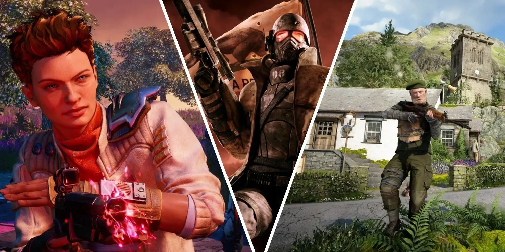 So sánh hình ảnh nhân vật Ellie (The Outer Worlds), NCR Ranger (Fallout: New Vegas) và Atomfall