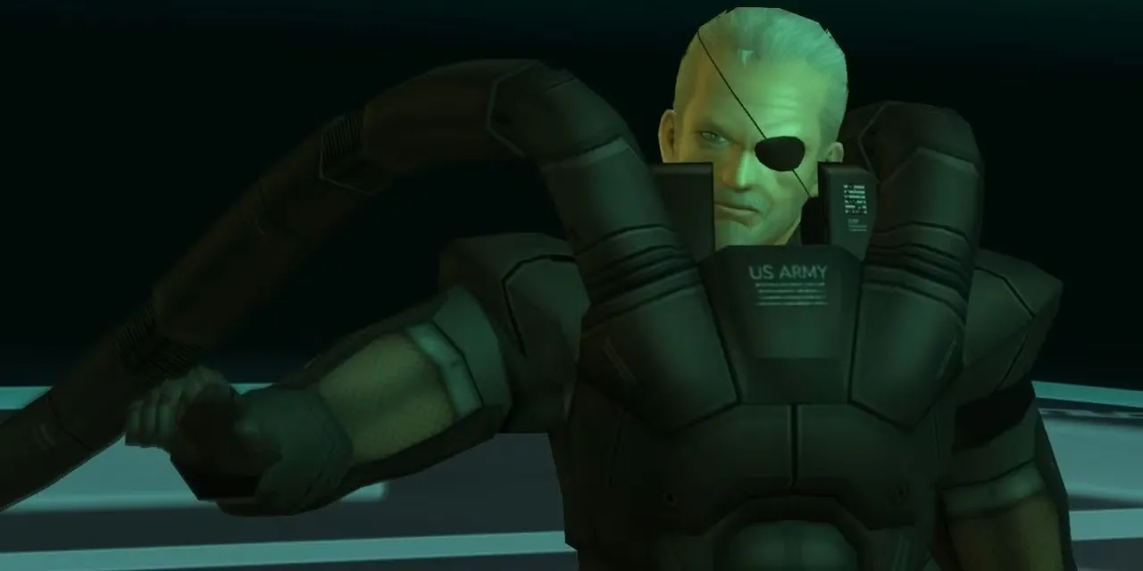 Solidus Snake với bộ giáp và song kiếm trong Metal Gear Solid 2 Sons of Liberty
