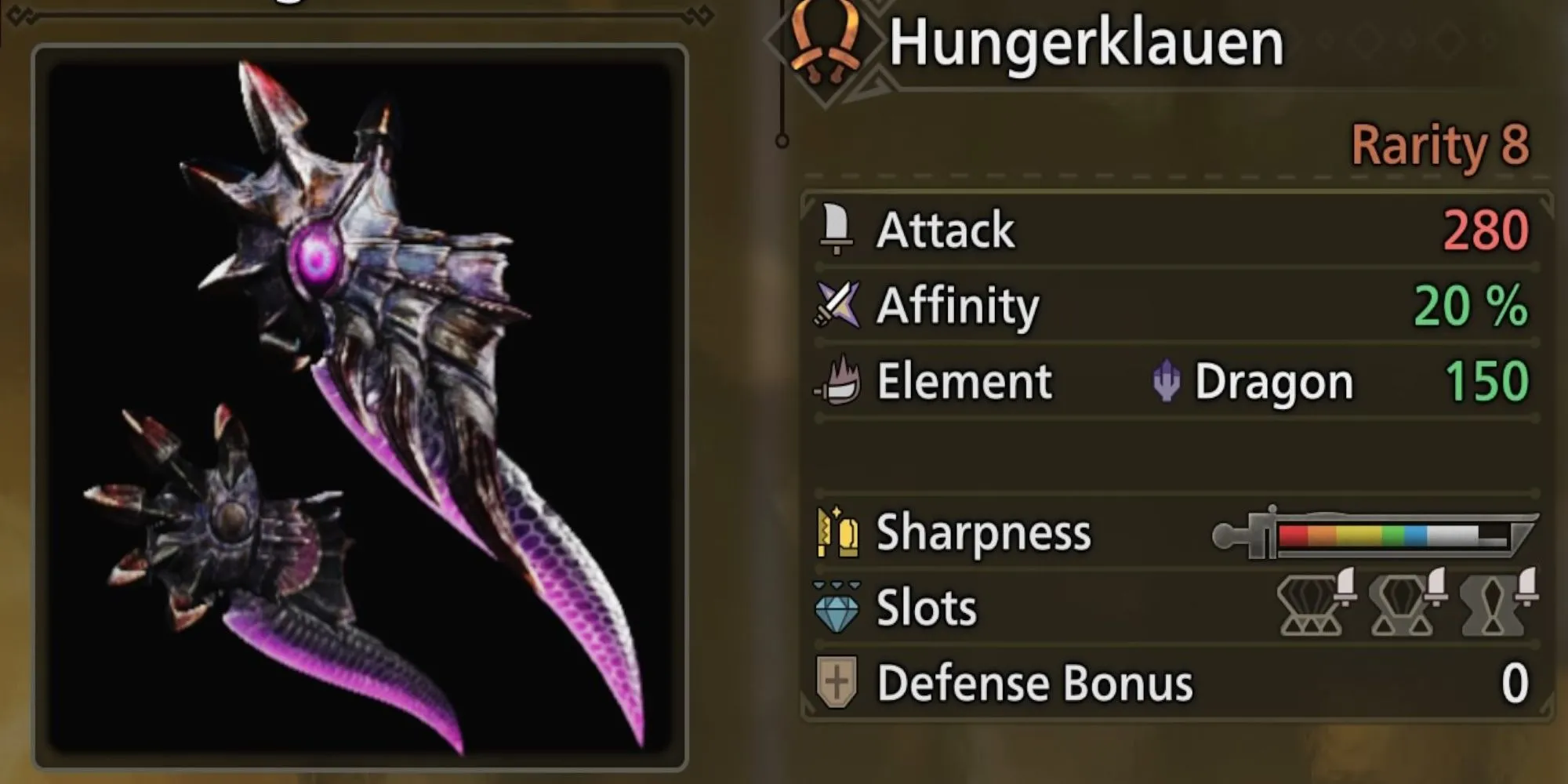 Song Kiếm Hungerklauen từ Gore Magala với sát thương Rồng trong MH Wilds