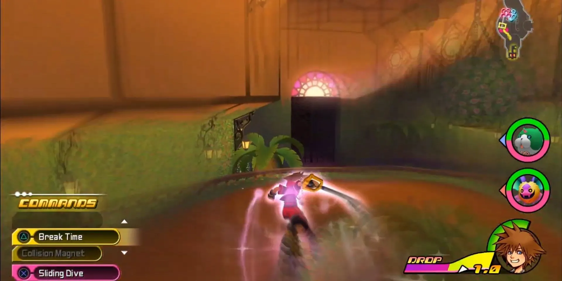 Sora thực hiện Flowmotion trượt ray trong Kingdom Hearts 3D