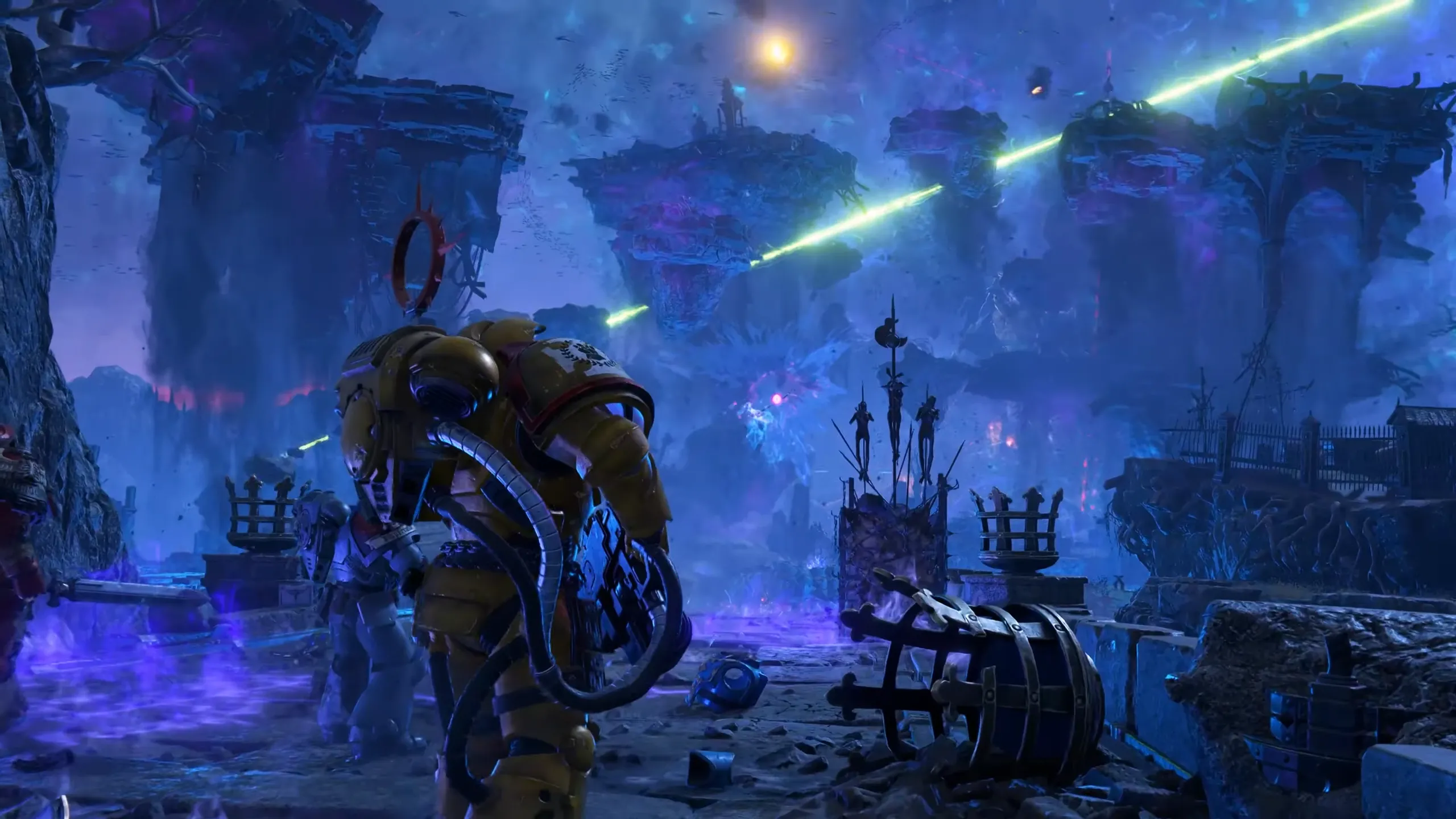 Space Marine 2 - Ảnh chụp màn hình cập nhật Obelisk, hiển thị một Space Marine trong bộ giáp hầm hố đứng giữa khung cảnh đổ nát.