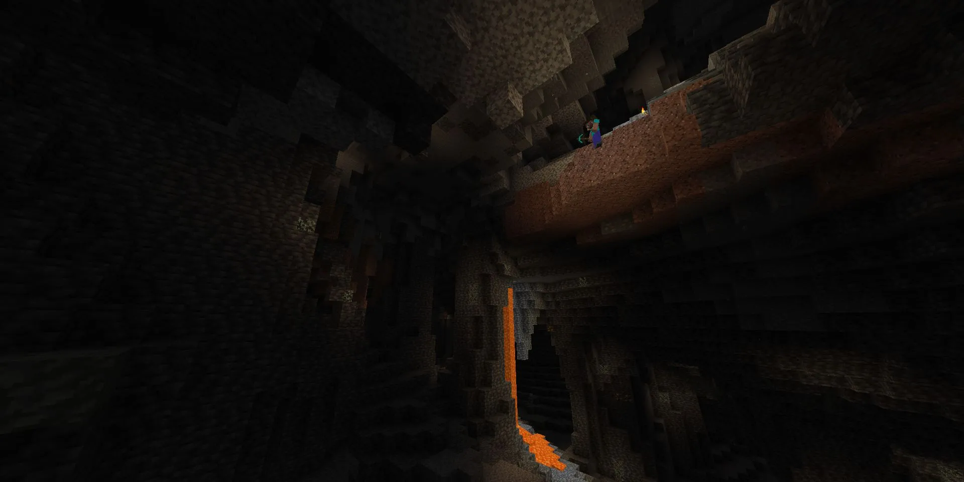 Steve bám vào mép vách đá nhìn xuống hang động khổng lồ bên dưới trong Minecraft Caves and Cliffs