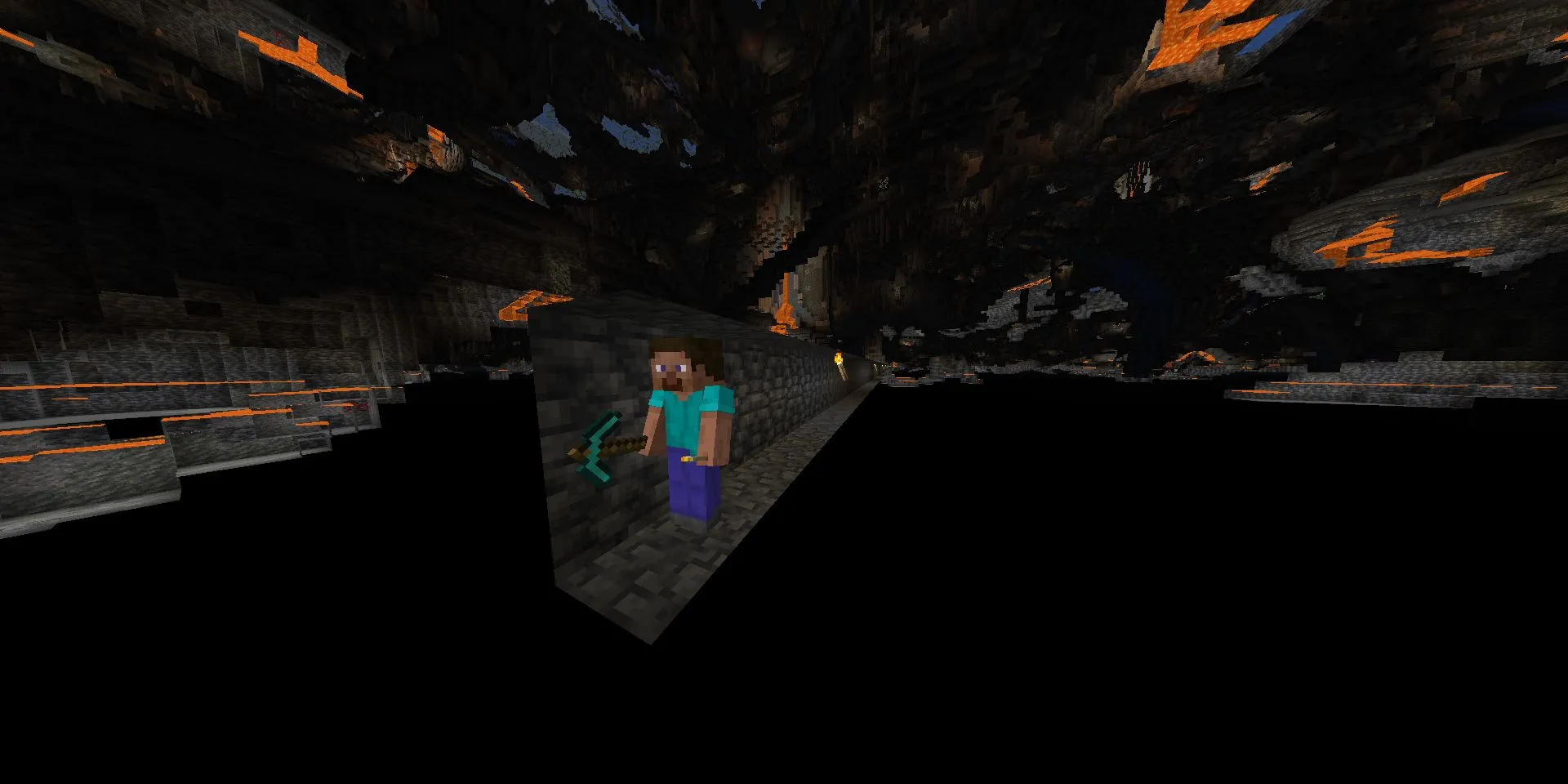 Steve đang cật lực đào xuyên lớp Deepslate cứng rắn để tìm kim cương trong Minecraft 1.18