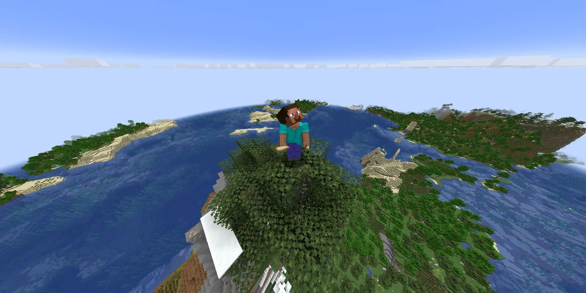 Steve đứng trên cây nhìn xuống từ đỉnh núi cao chót vót trong Minecraft 1.18