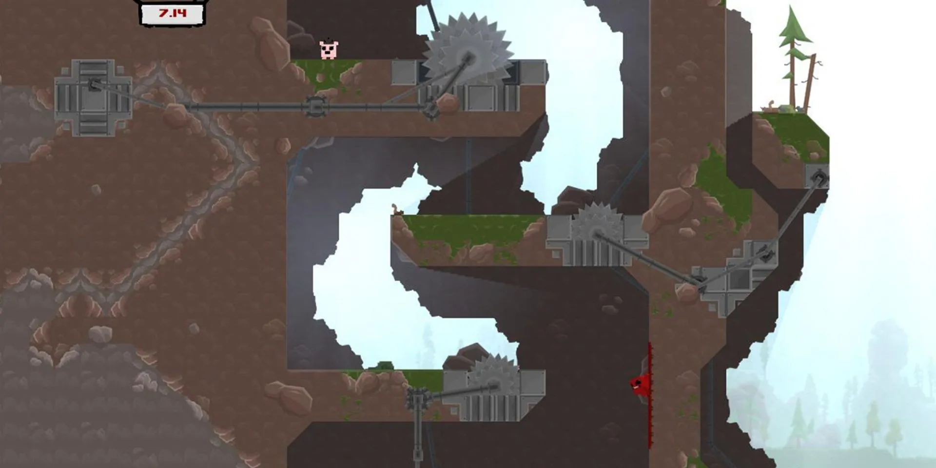 Super Meat Boy đang nhảy nhót điêu luyện qua các chướng ngại vật để giải cứu Bandage Girl