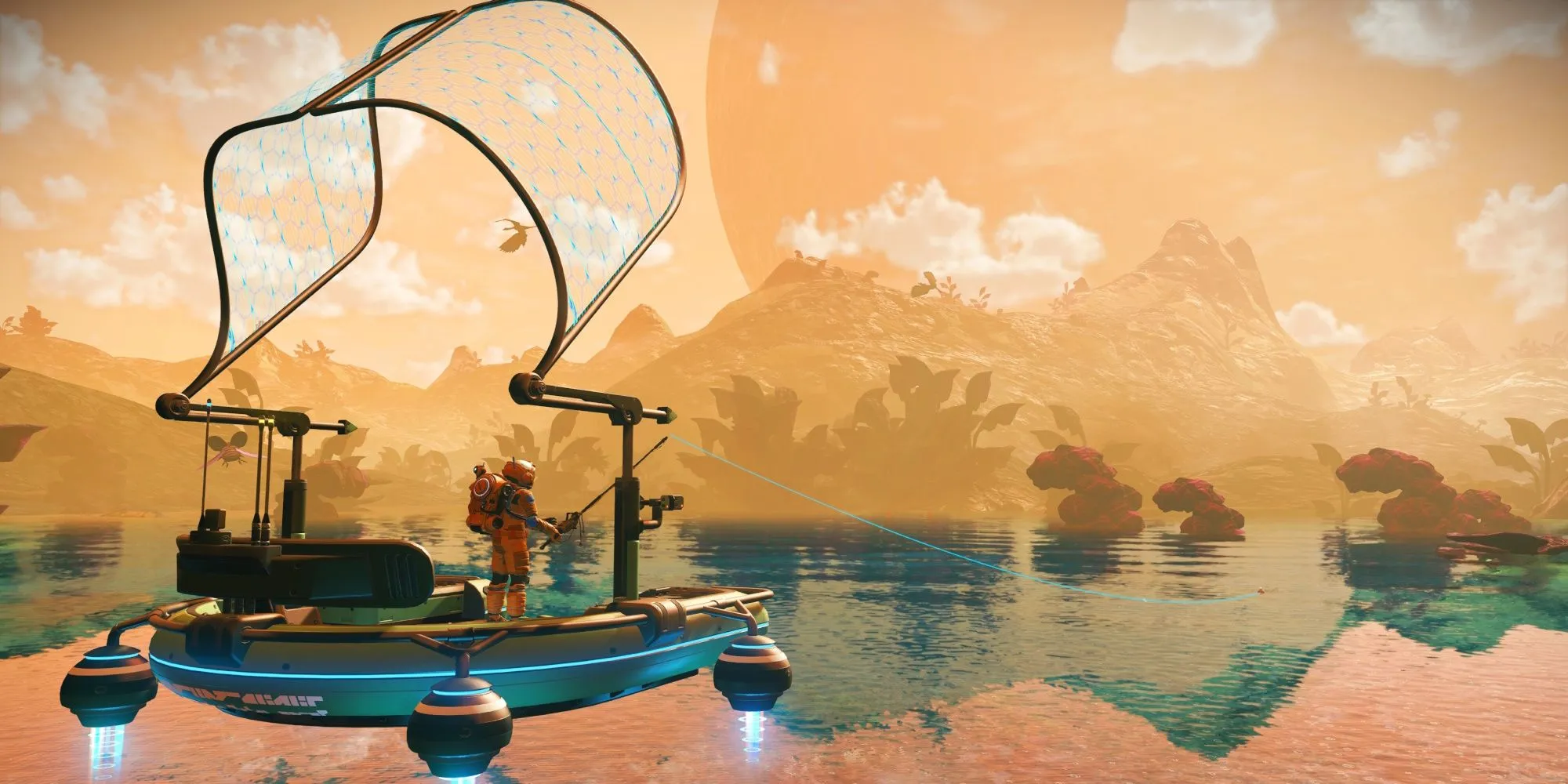 Tàu vũ trụ đang bay qua một hành tinh kỳ lạ trong No Man's Sky