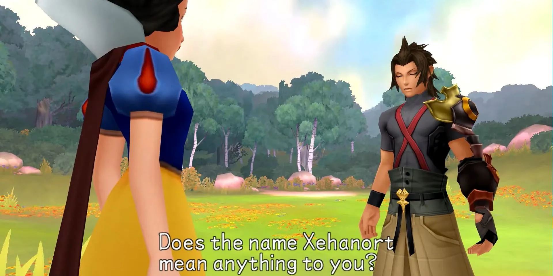 Terra gặp Bạch Tuyết trong Dwarf Woodlands của Kingdom Hearts Birth By Sleep để hỏi về Xehanort