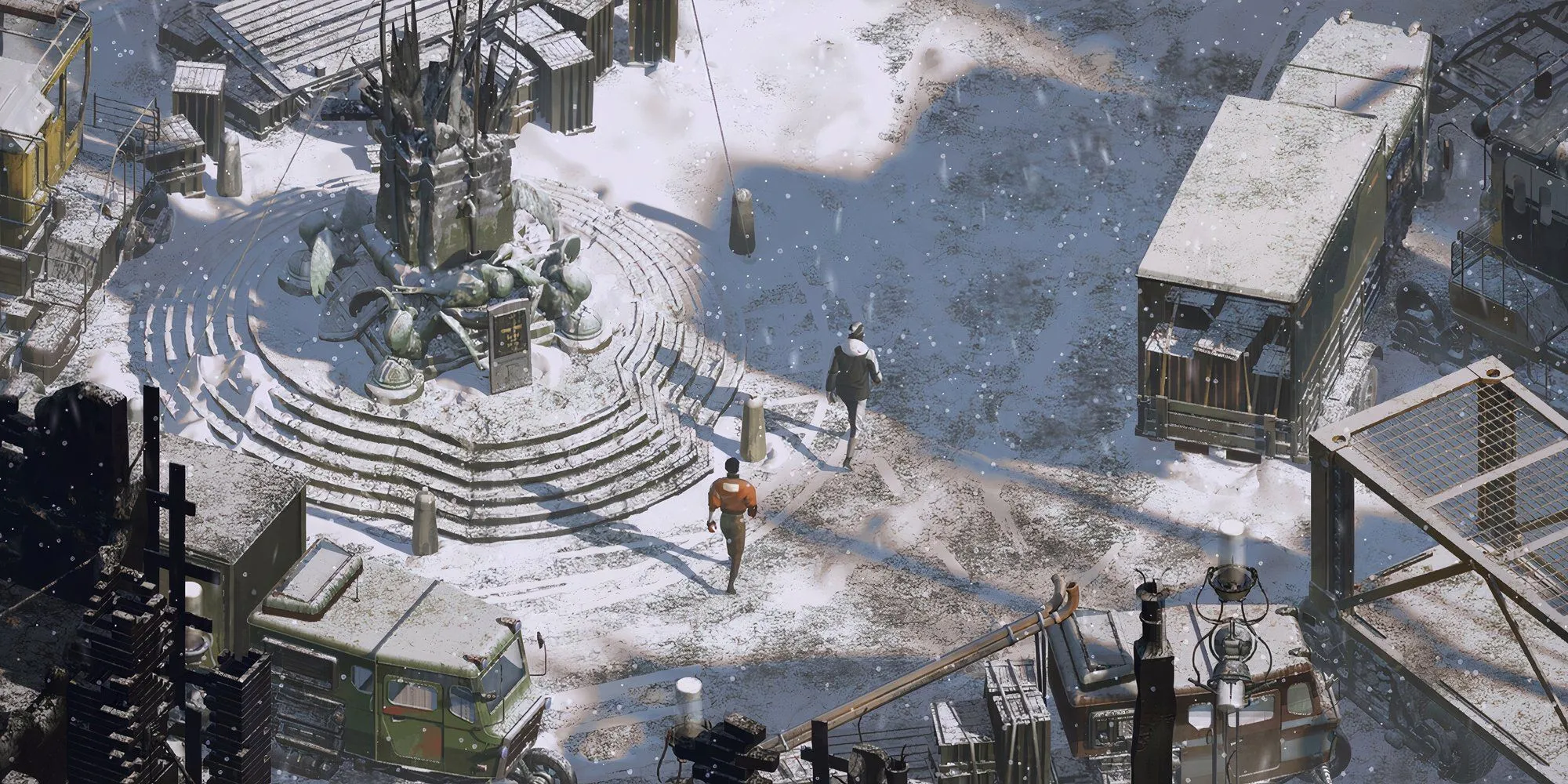 Thám tử Harry Du Bois của Disco Elysium đi cùng cộng sự Kim Kitsuragi trong tuyết