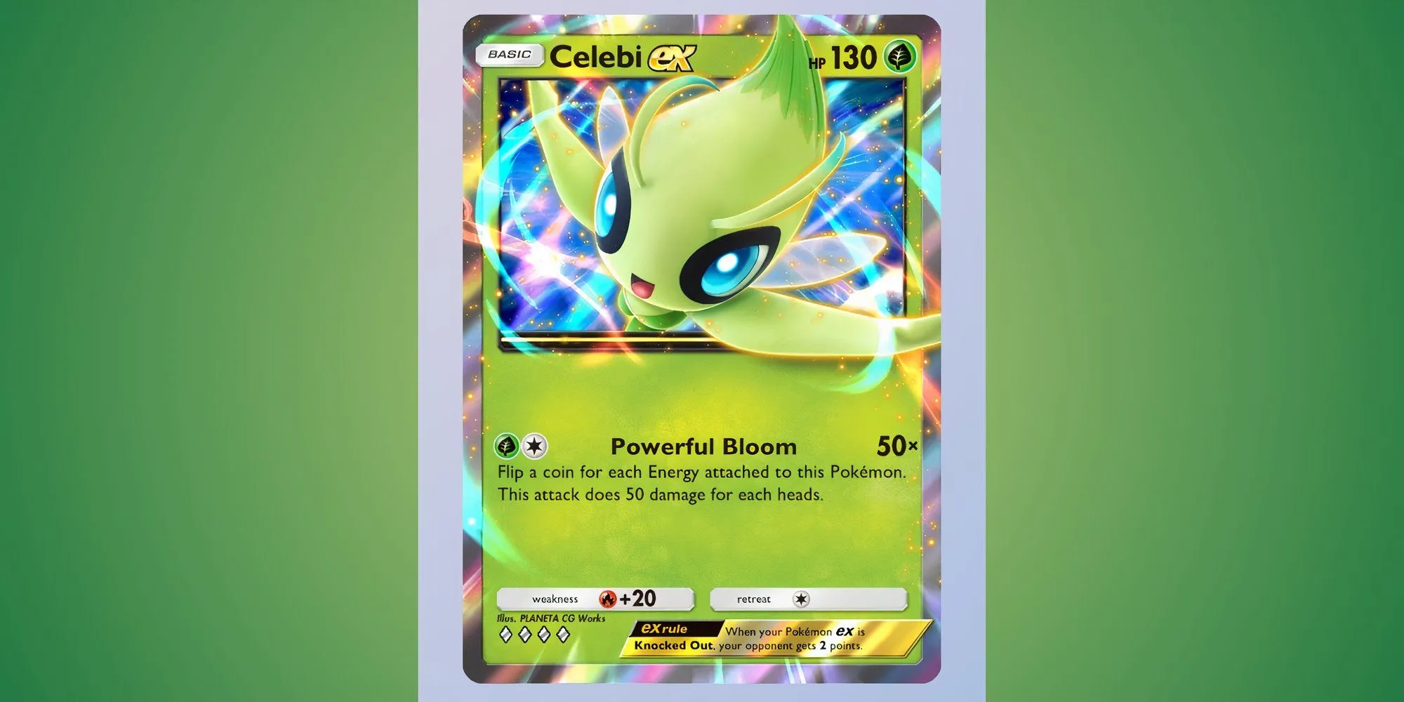 Thẻ bài Celebi EX hệ Cỏ trong Pokemon TCG Pocket với chiêu Powerful Bloom