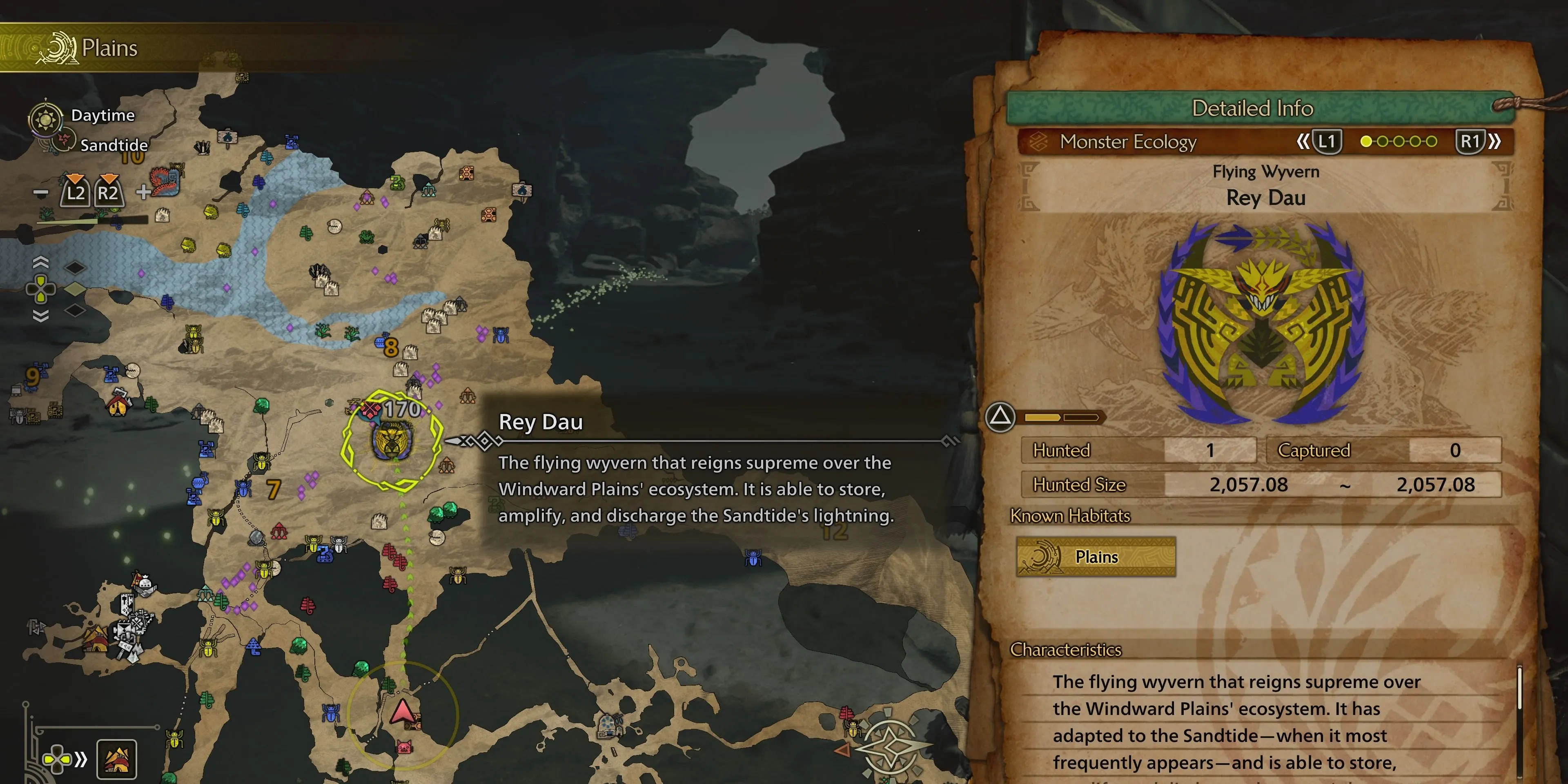 Thợ săn dũng mãnh chiến đấu với Rey Dau tại Windward Plains trong Monster Hunter Wilds