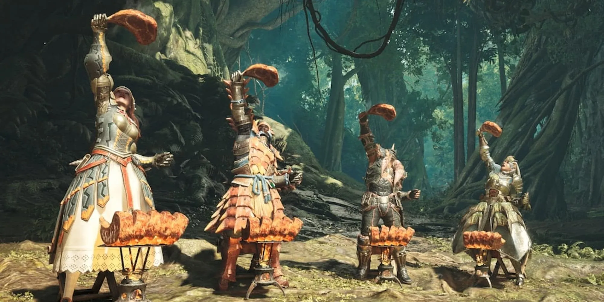 Thợ săn sử dụng bếp BBQ di động để nấu ăn trong Monster Hunter Wilds