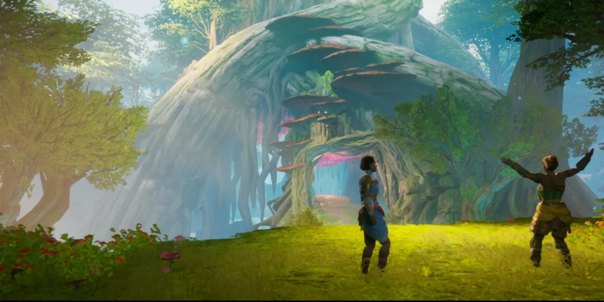 Tiên-Zoe bay từ bông hoa và Rái-Cá-Mio bơi dưới nước để qua màn trong Split Fiction