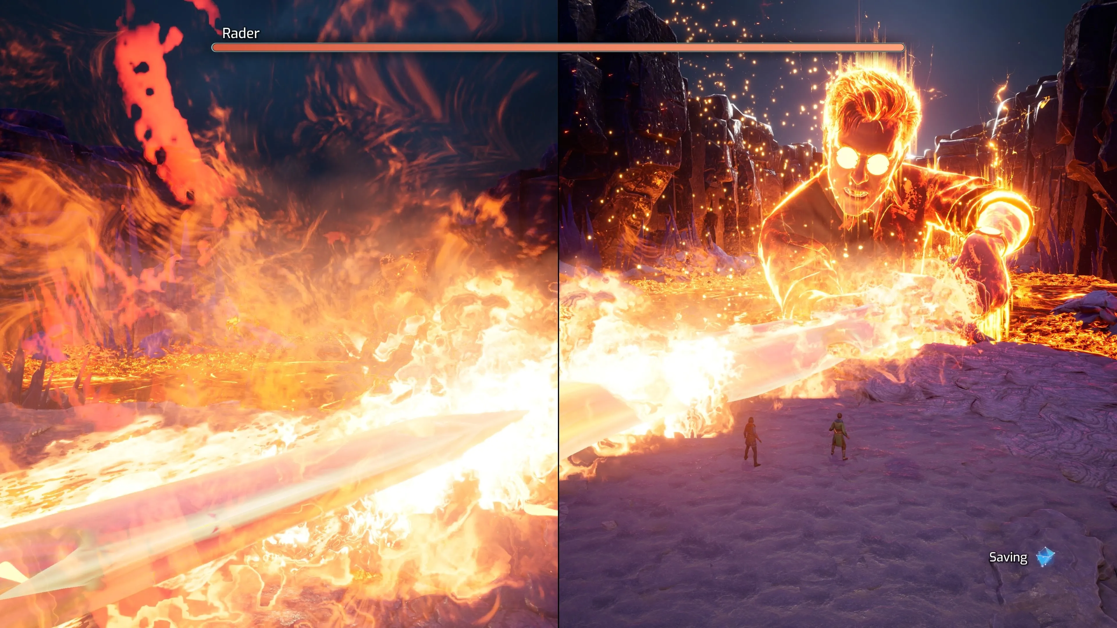 Tiêu đề phụ chương &quot;Fight A God&quot; trong game Split Fiction với hình ảnh Mio và Zoe đối đầu Rader trong núi lửa