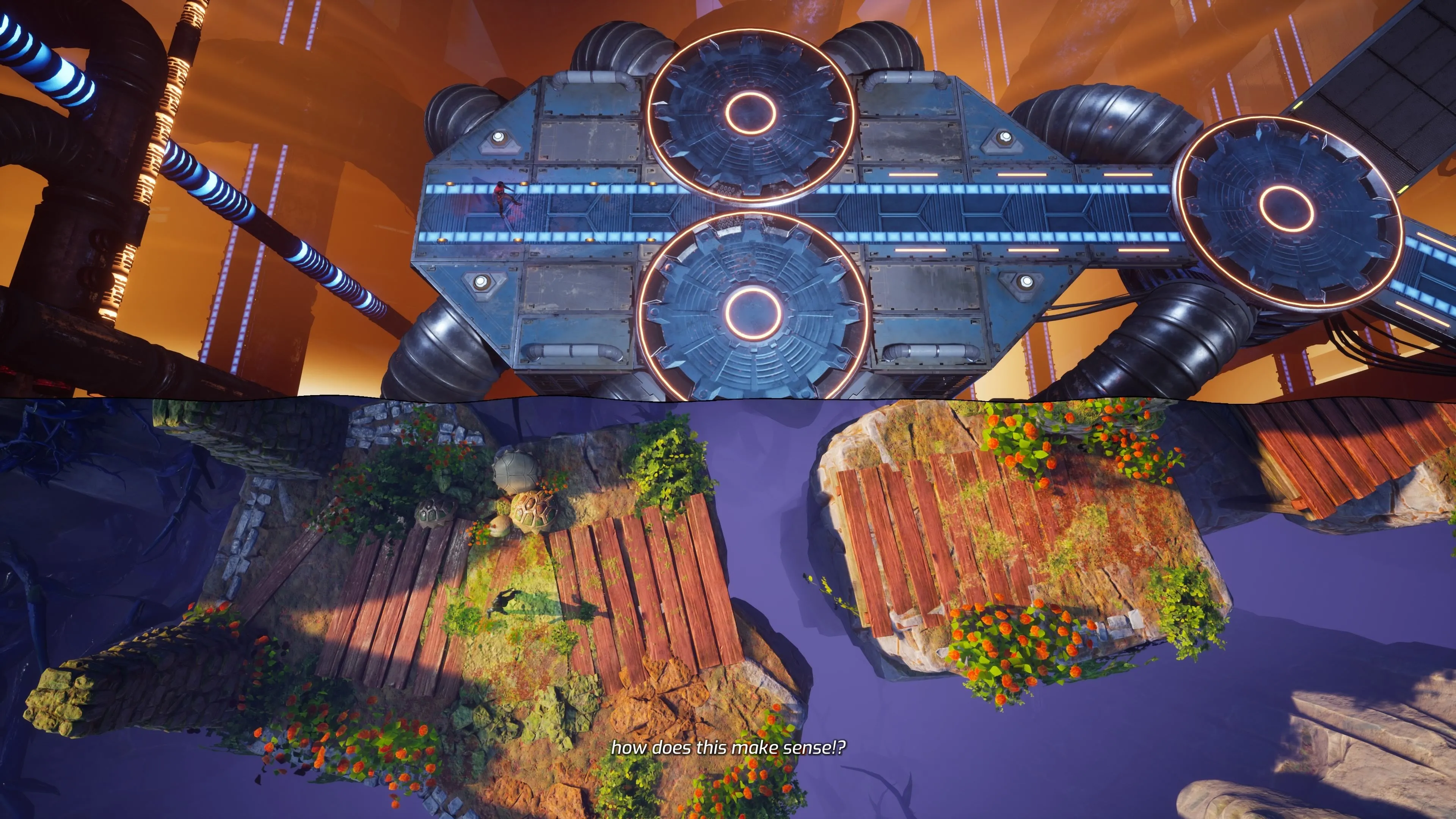 Tiêu đề phụ chương &quot;Worlds Apart&quot; trong game Split Fiction với hình ảnh Mio và Zoe ở hai thế giới khác nhau