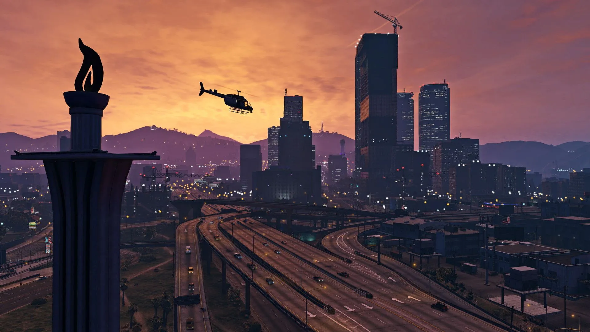 Toàn cảnh thành phố Los Santos lúc hoàng hôn trong Grand Theft Auto 5