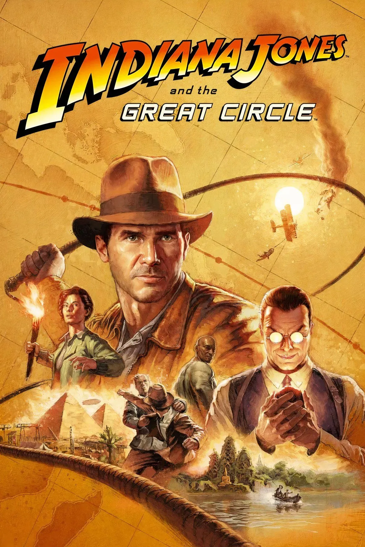 Tổng hợp hình ảnh game Indiana Jones and the Great Circle, logo các nền tảng PC, Xbox và PlayStation, minh họa chiến lược phát hành đa nền tảng