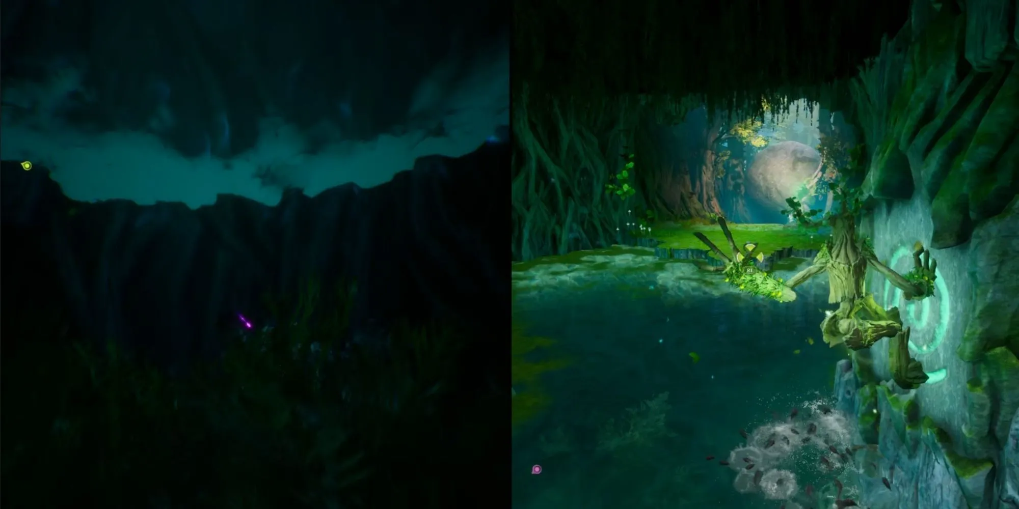 Treant-Zoe đu bám vào tường và Khỉ-Mio chờ đợi trong The Underlands