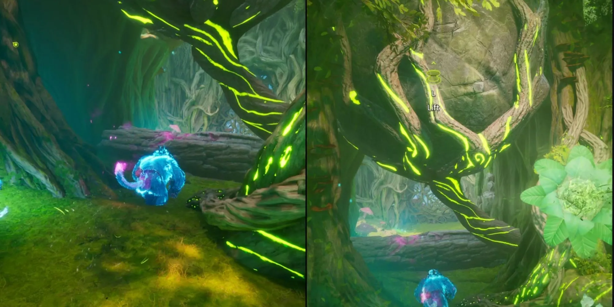 Treant-Zoe nâng tảng đá và Khỉ-Mio chuẩn bị đập khúc gỗ trong Split Fiction