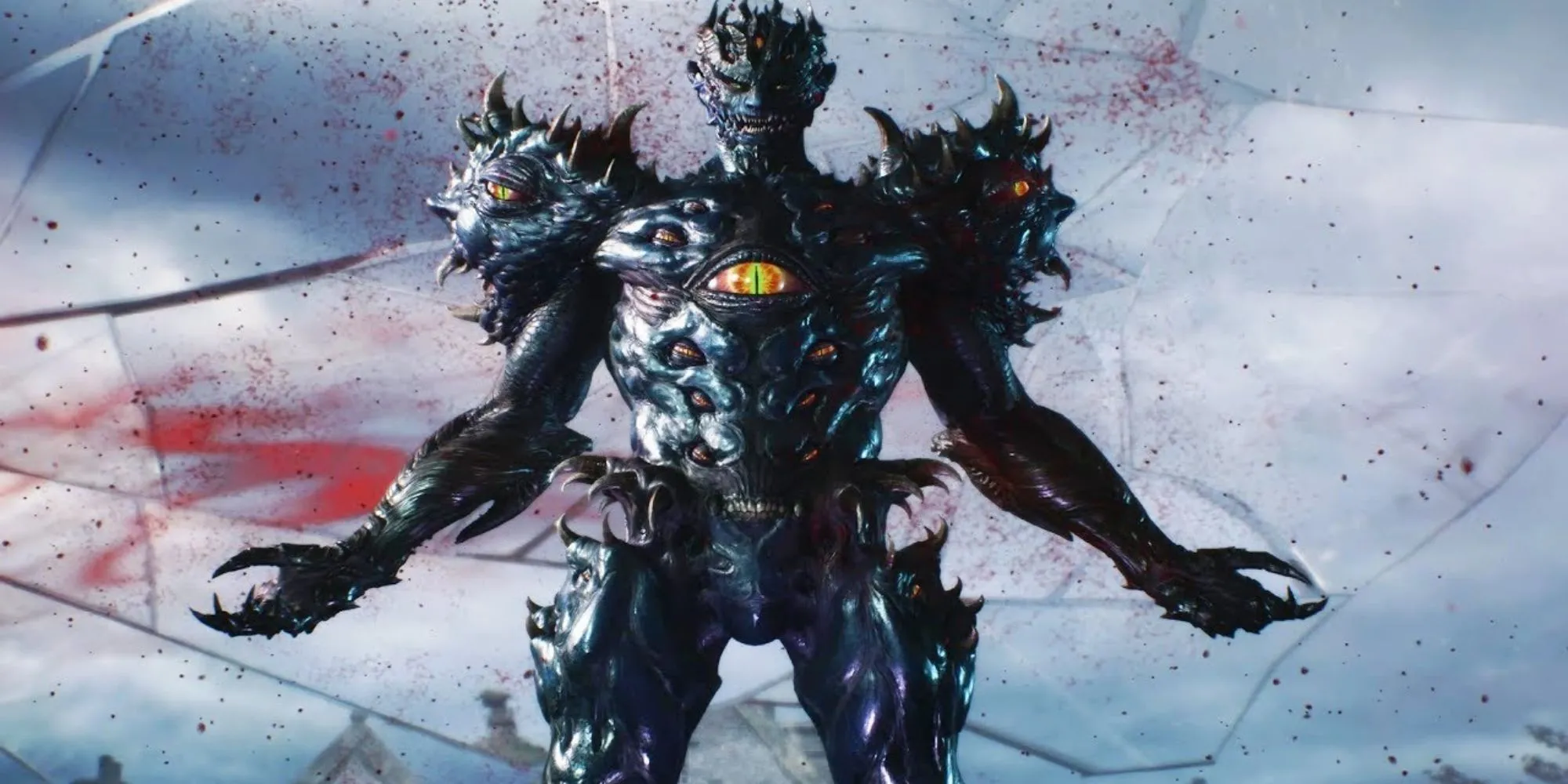 Urizen trong Devil May Cry 5, ngồi trên ngai vàng xương xẩu và được bảo vệ bởi một tinh thể đỏ
