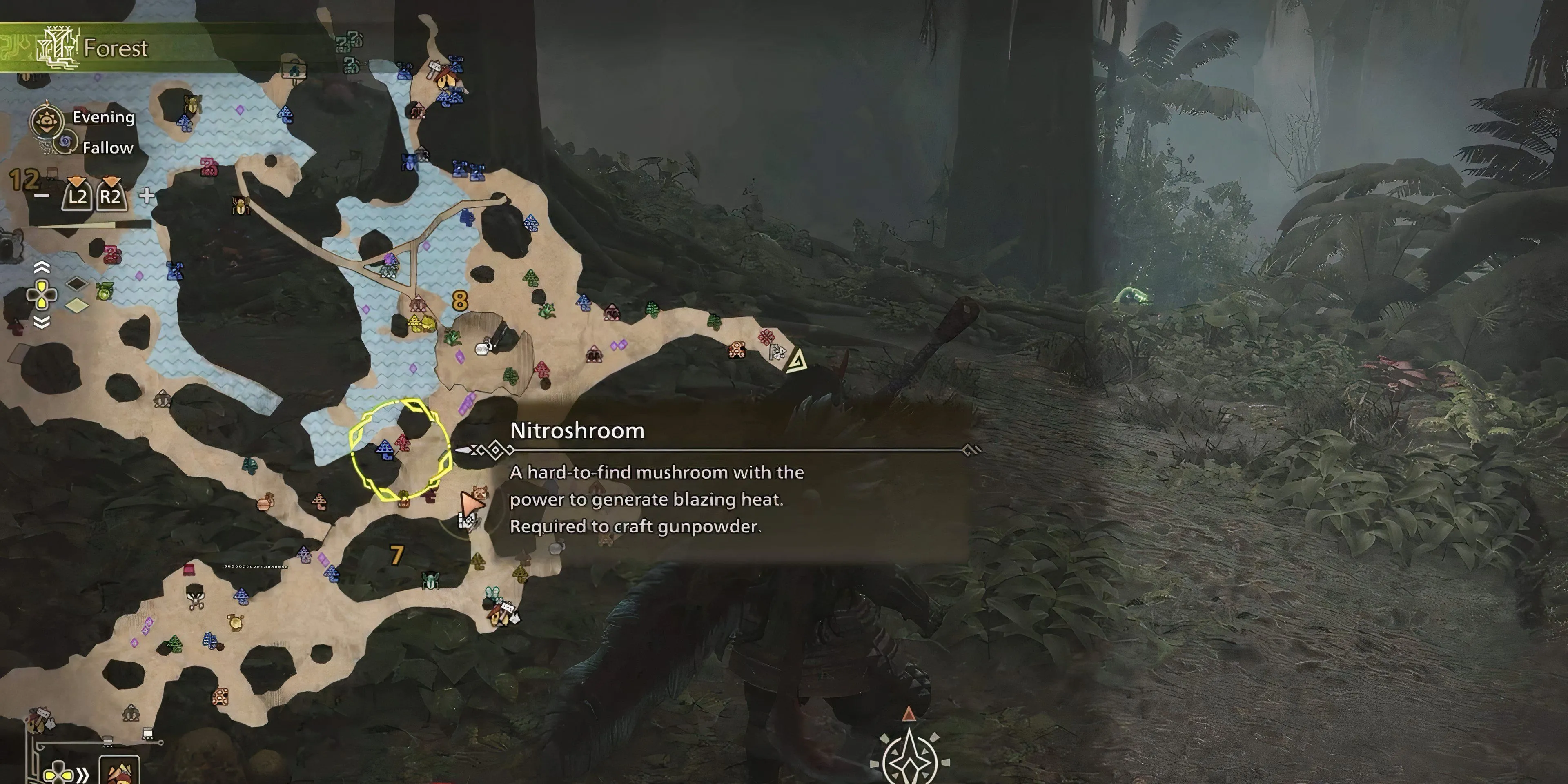 Vị trí có thể tìm thấy Nitroshroom trong Scarlet Forest của Monster Hunter Wilds để chế tạo vật phẩm