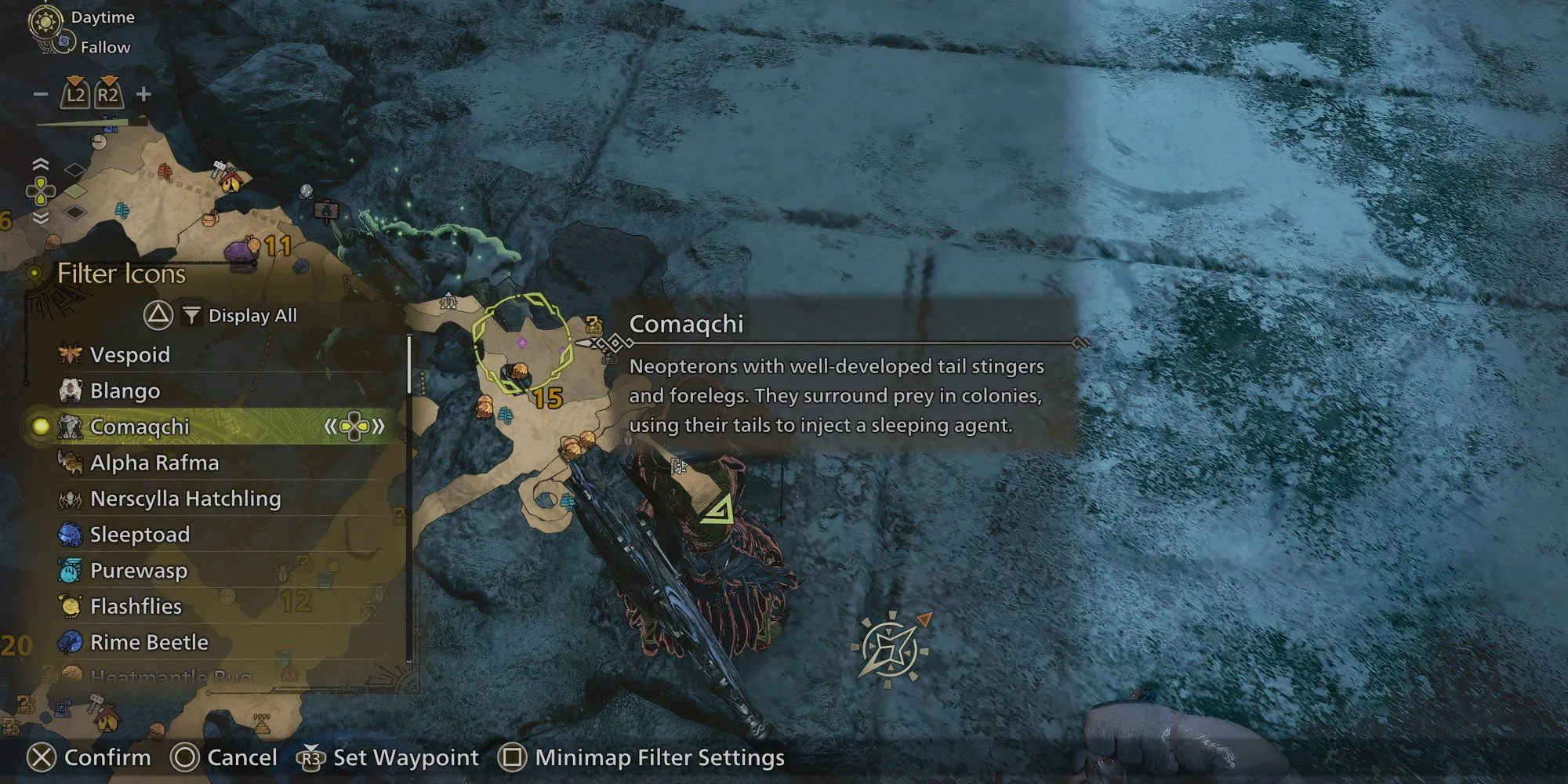 Vị trí Comaqchi trong Monster Hunter Wilds đang tấn công người chơi tại Iceshard Cliffs