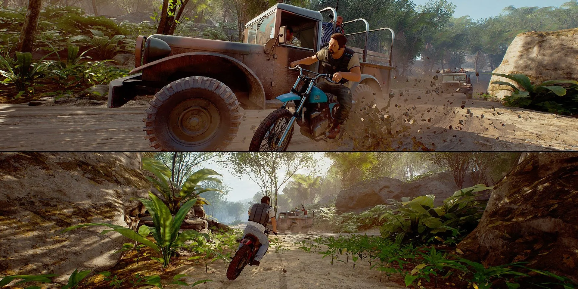 Vincent và Leo trên xe mô tô trong game A Way Out, một tựa game co-op cốt truyện kịch tính