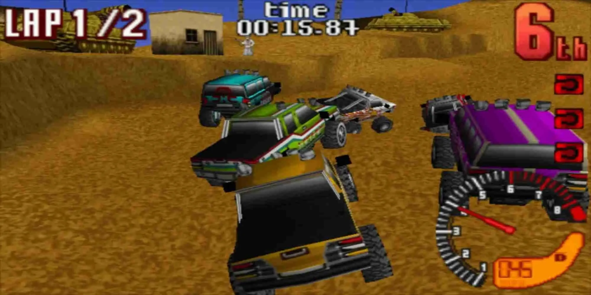 Xe monster truck vượt địa hình hiểm trở trong game TNN Motorsports Hardcore 4X4 PS1