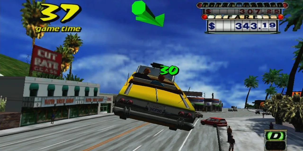 Xe taxi màu vàng nhảy lên không trung từ một đoạn dốc trong game Crazy Taxi