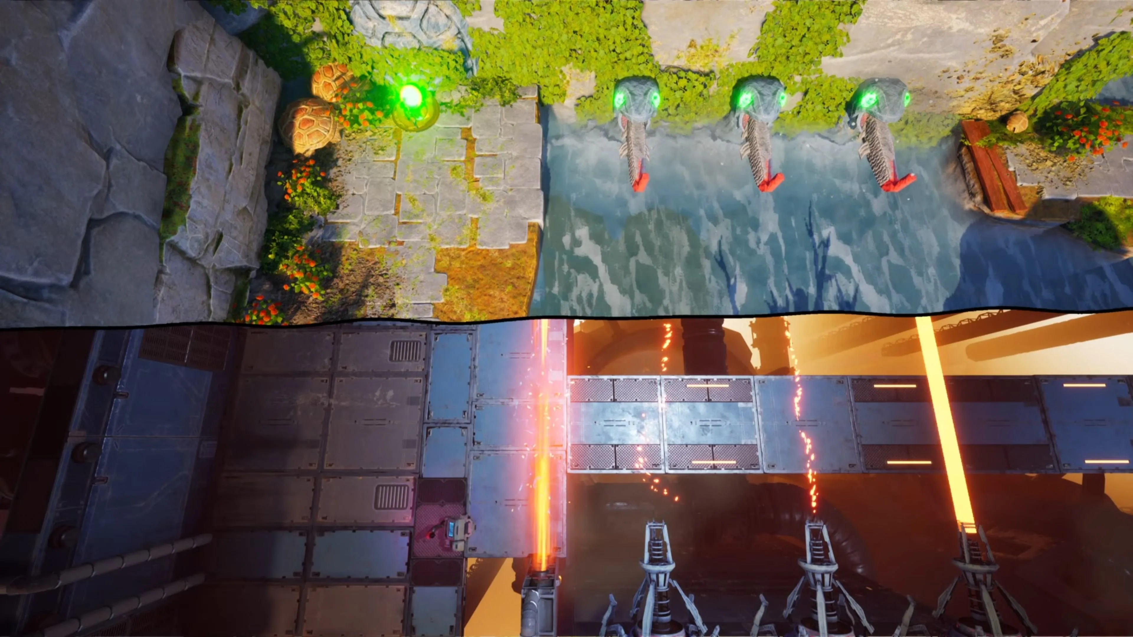Zoe đứng trước các bức tượng đầu rắn trong khi Mio điều khiển laser trong game Split Fiction
