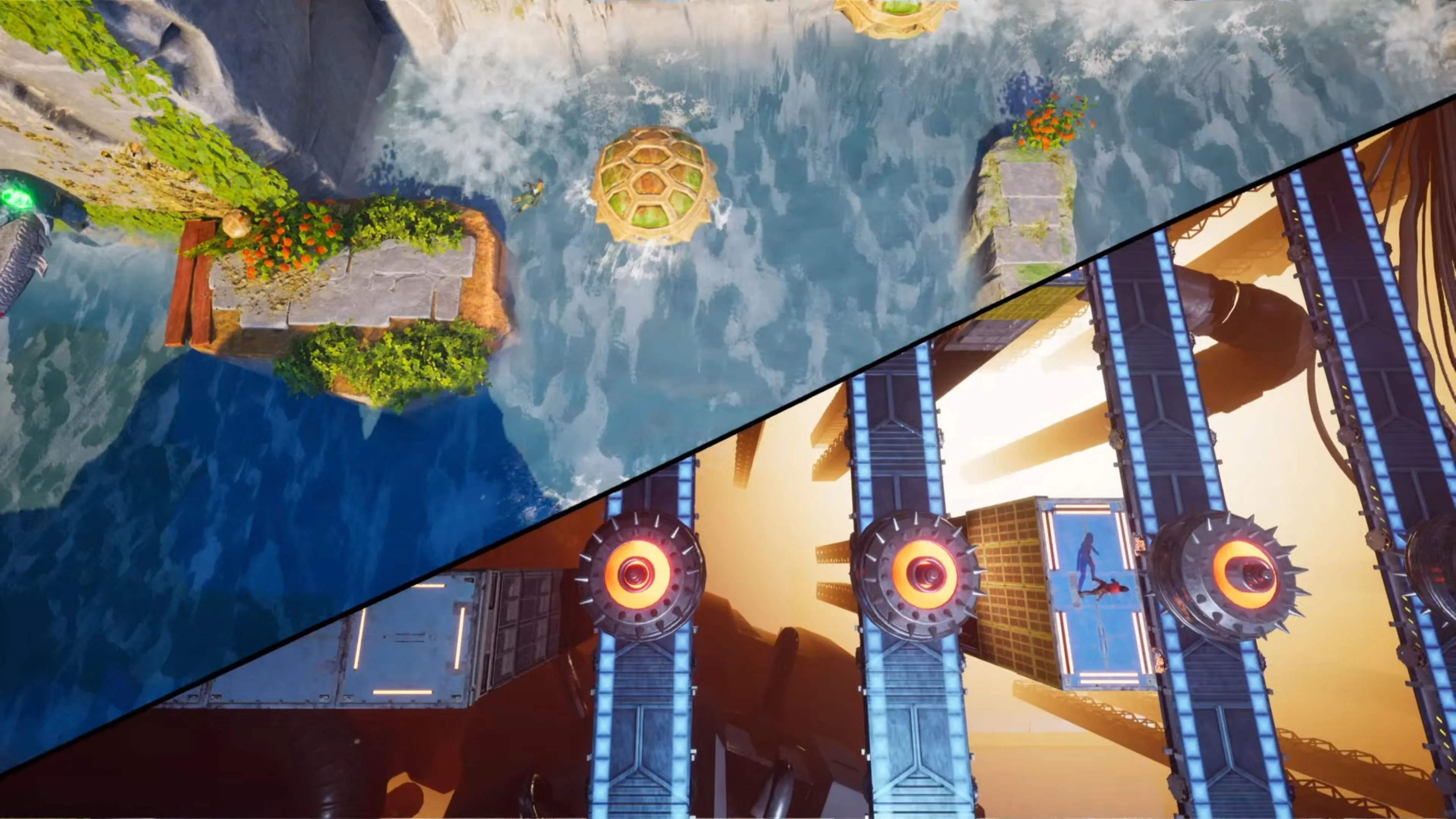 Zoe nhảy trên mai rùa trong khi Mio né bom trên băng chuyền trong game Split Fiction