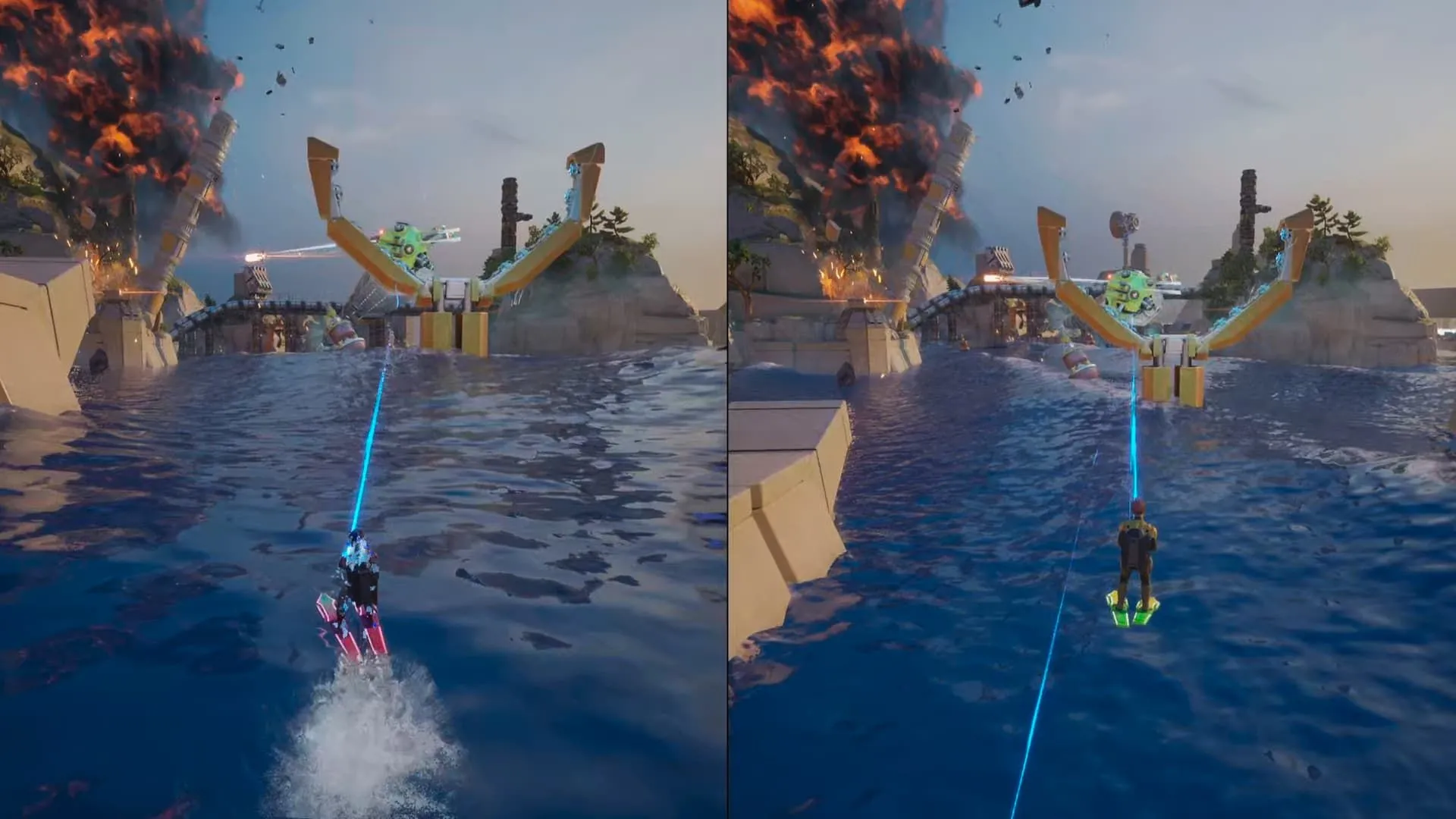 Zoe và Mio lướt ván nước né tránh chướng ngại vật trong Split Fiction Train Heist