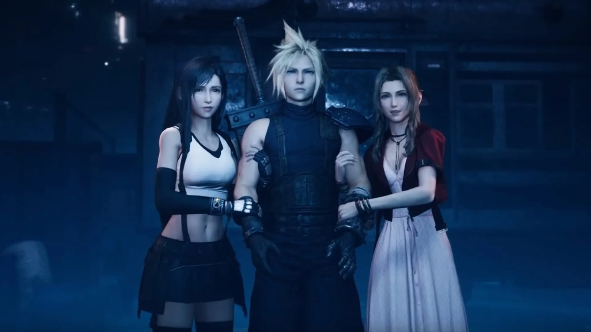 Aerith, Cloud và Tifa trong cảnh game Final Fantasy VII Remake, liên quan thẻ bài Magic The Gathering