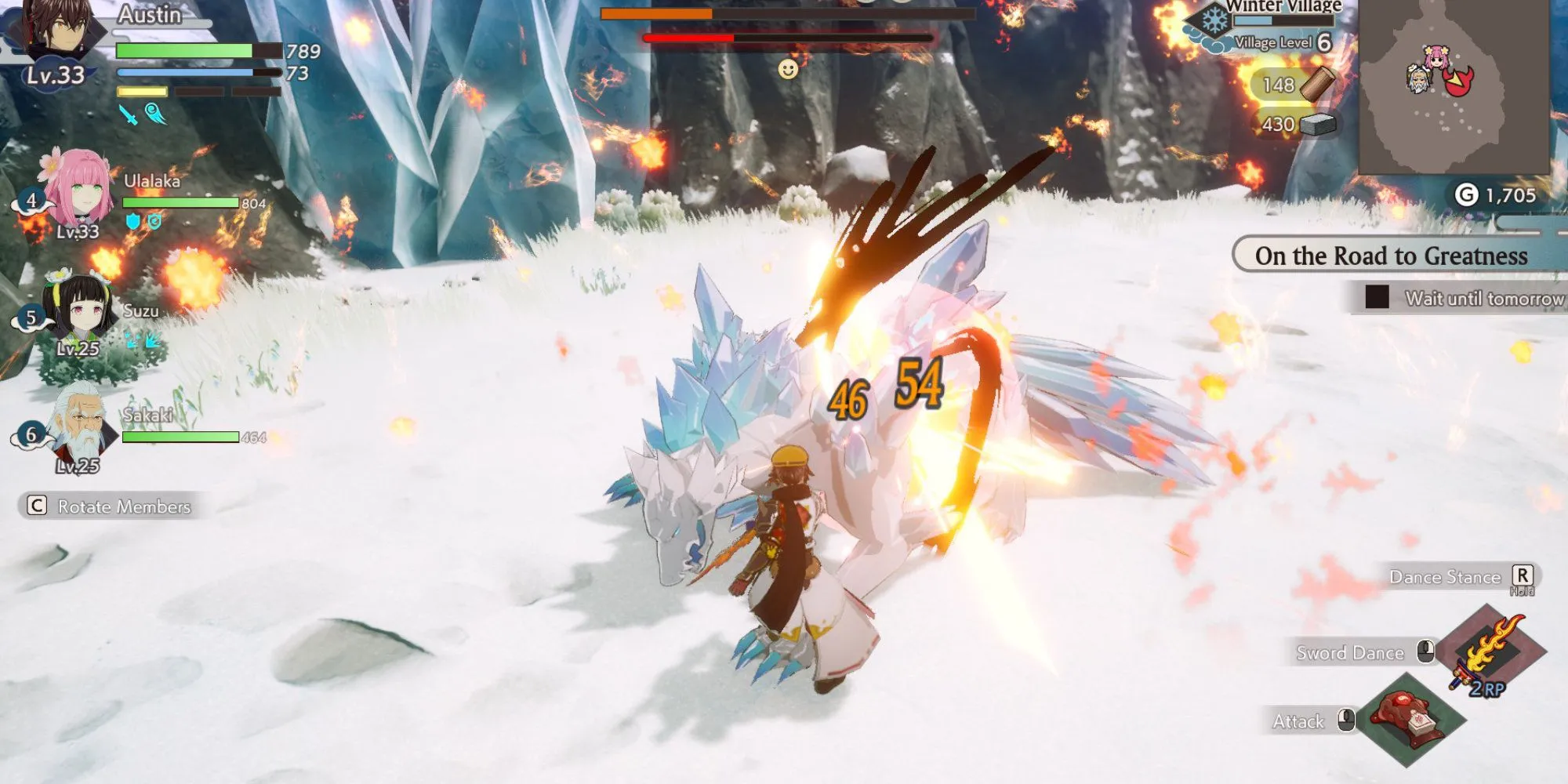 Cảnh chiến đấu với trùm Chó Sói Trắng (White Wolf) trong Rune Factory: Guardians of Azuma, thể hiện giao diện chiến đấu cơ bản.