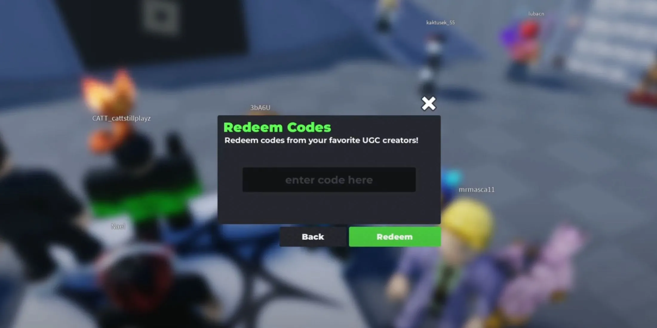 Giao diện cửa sổ nhập code &quot;Redeem a Code&quot; trong trải nghiệm Flex UGC Roblox