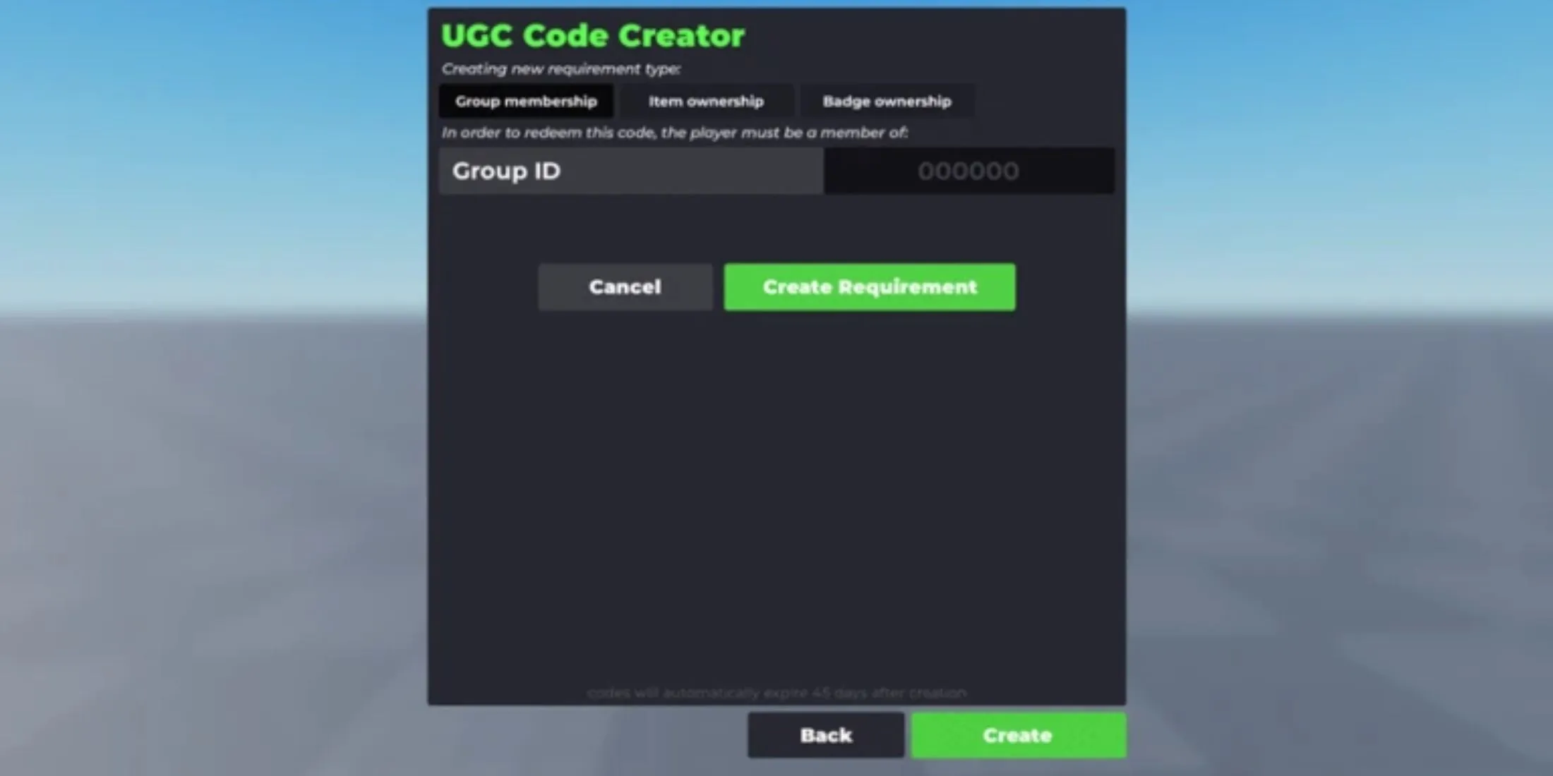 Giao diện nhập code trong Flex UGC Roblox để nhận vật phẩm miễn phí