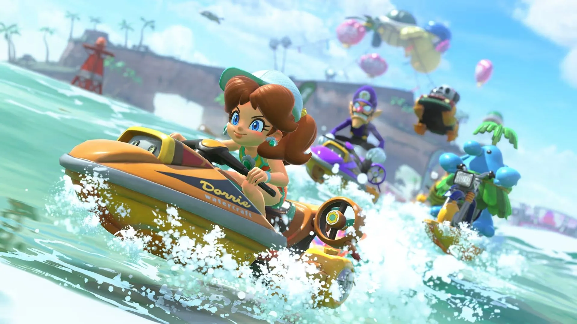 Mario sử dụng vật phẩm trong cuộc đua Mario Kart World