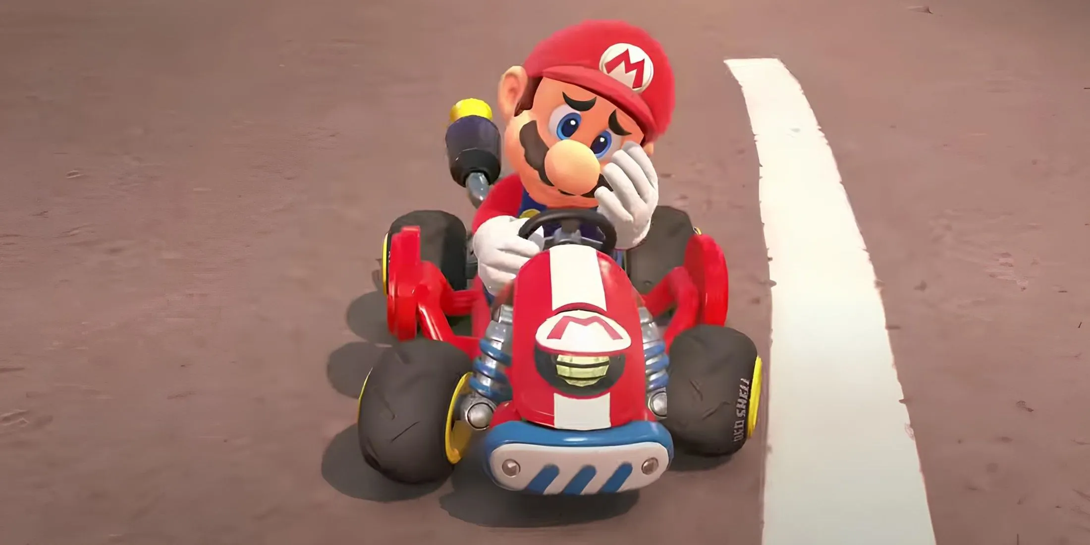 Mario thất vọng sau cuộc đua online trong Mario Kart World