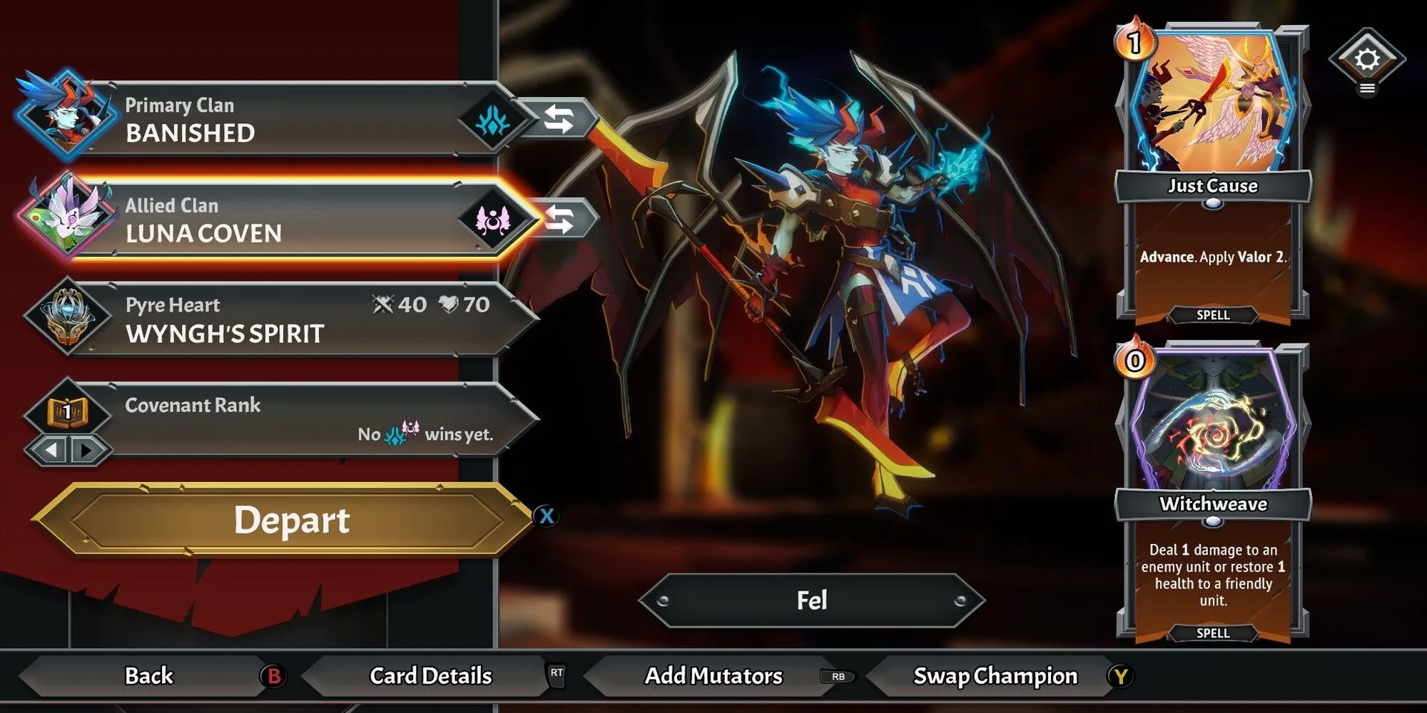 Menu chọn tộc (Clan) khi bắt đầu một lượt chơi Monster Train 2