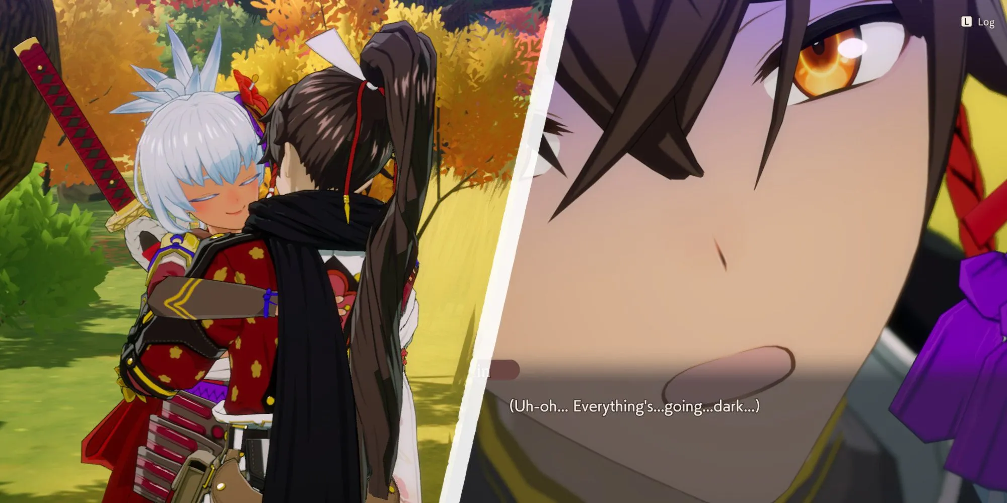 Một cảnh nhân vật Matsuri ôm chầm lấy người chơi trong Rune Factory: Guardians of Azuma, minh họa yếu tố mô phỏng hẹn hò và gắn kết nhân vật.