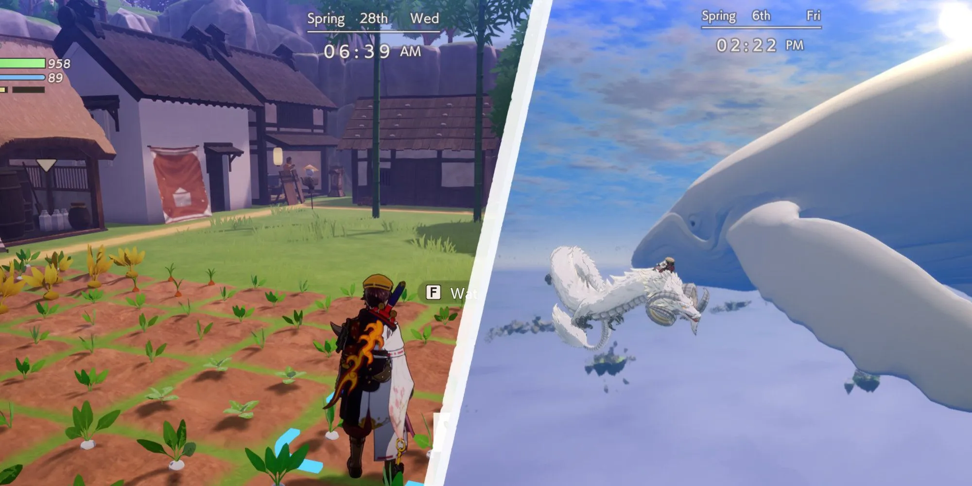 Người chơi xây dựng một ngôi làng và bay gần một con cá voi trong Rune Factory: Guardians of Azuma, thể hiện yếu tố quản lý thị trấn và khám phá thế giới.