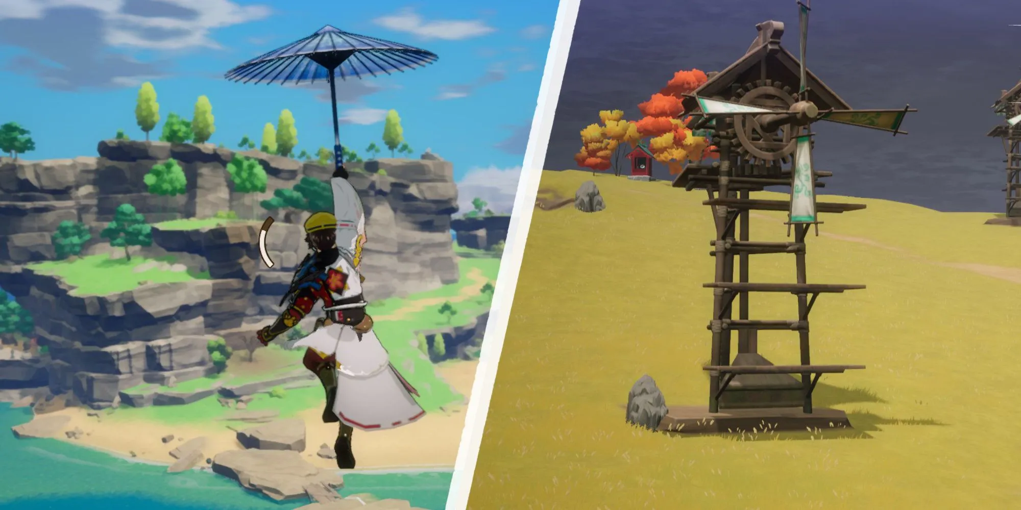 Nhân vật đang bay lượn bằng dù và leo lên cối xay gió khi khám phá thế giới trong Rune Factory: Guardians of Azuma, thể hiện yếu tố phiêu lưu và di chuyển.