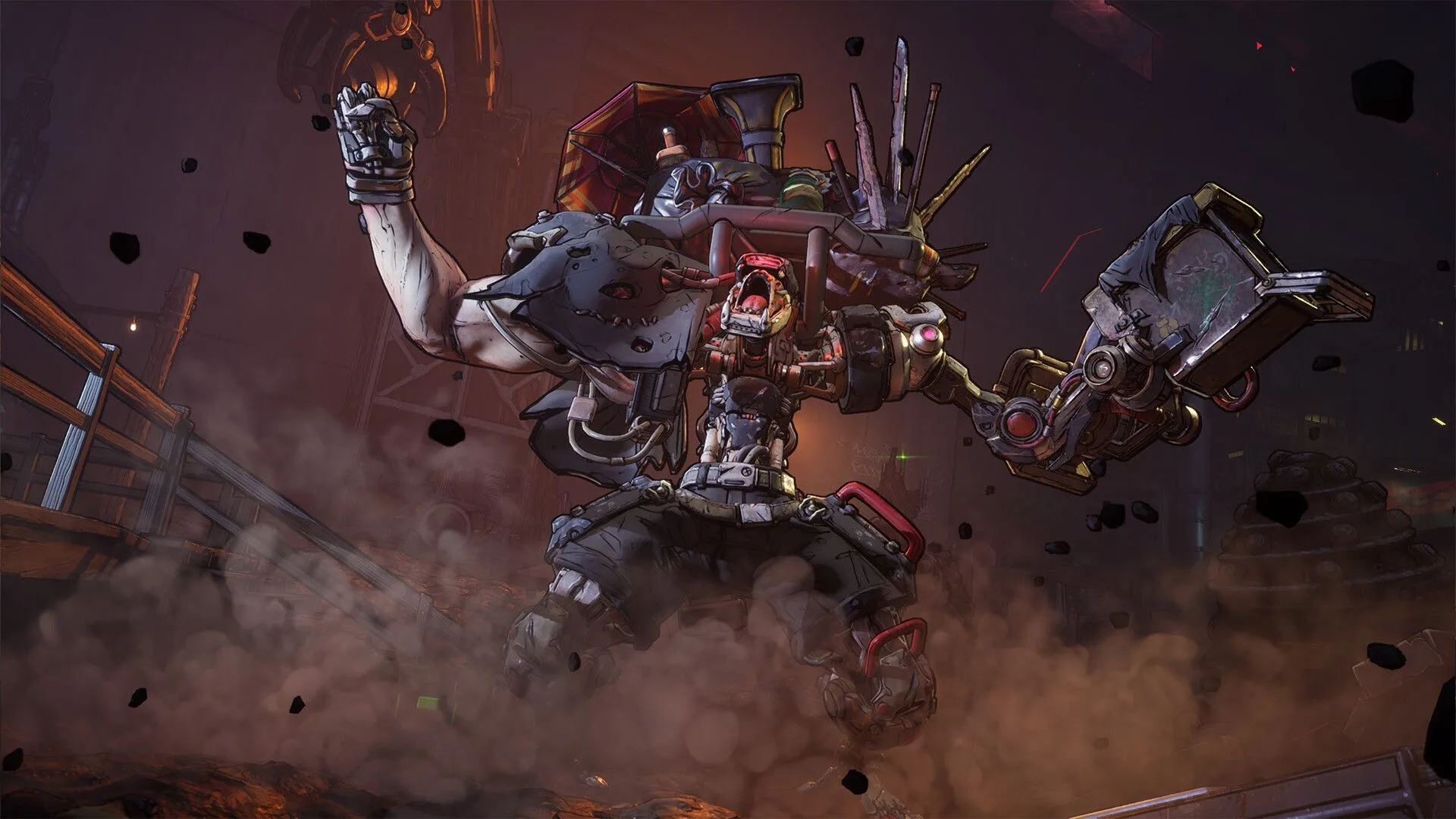 Screenshot Borderlands 4 cho thấy một khu vực môi trường đặc trưng của hành tinh Kairos, có thể là thành phố hoặc vùng đất bị ảnh hưởng bởi chế độ độc tài
