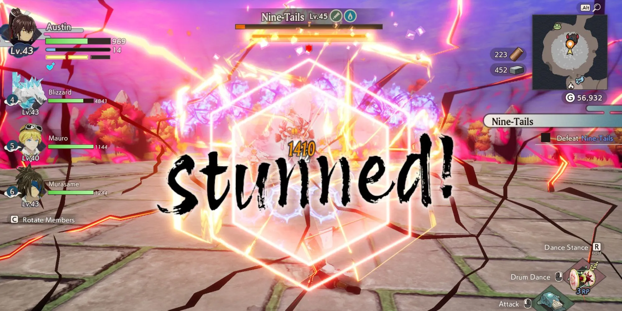 Trùm Cửu Vĩ (Nine-Tails) đang bị choáng trong Rune Factory: Guardians of Azuma, thể hiện cơ chế chiến đấu làm choáng trùm.